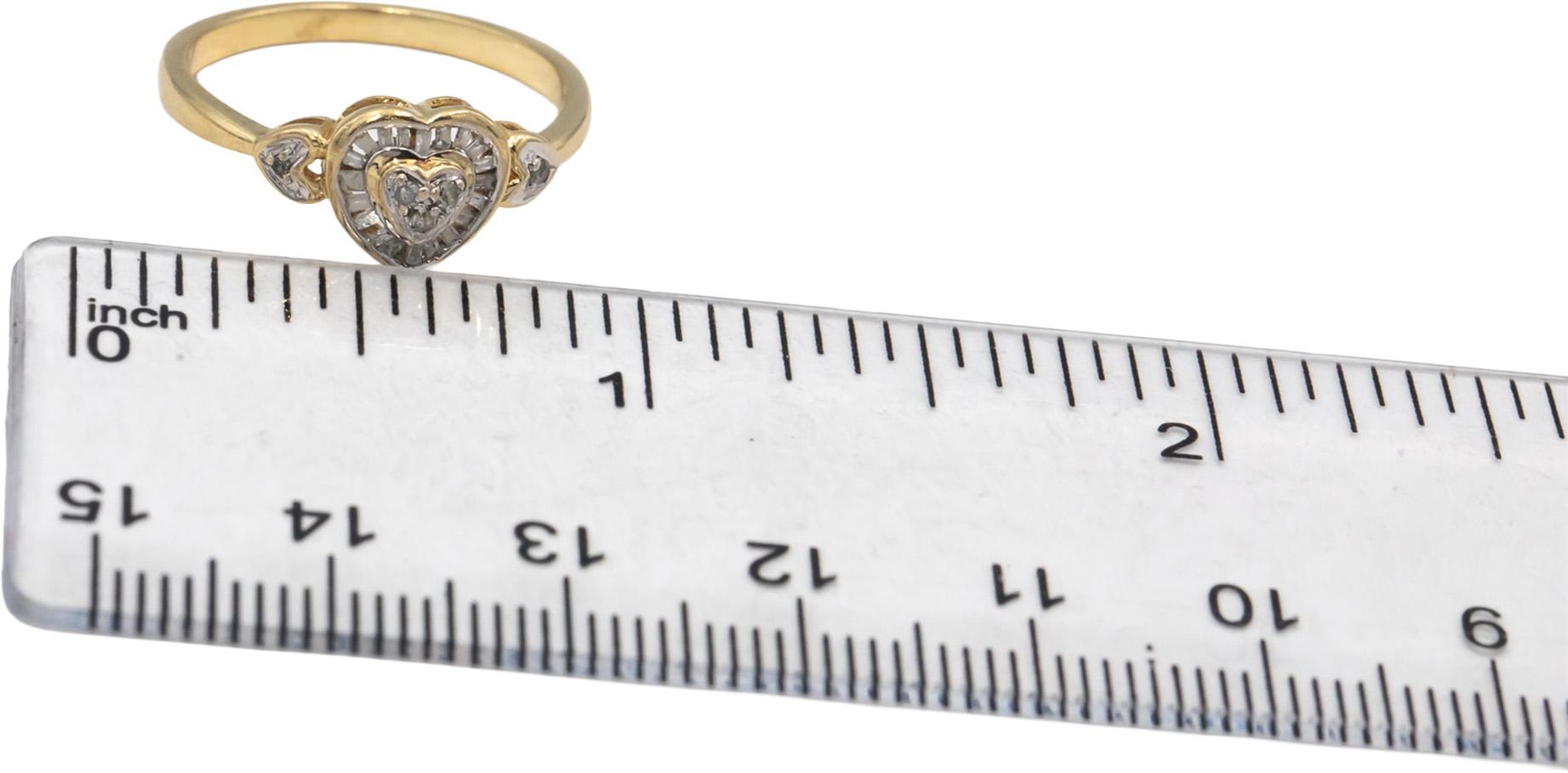 10k Yellow Gold Round & Baguette Cut Diamond Heart Ring 0.15CT Size 7.25