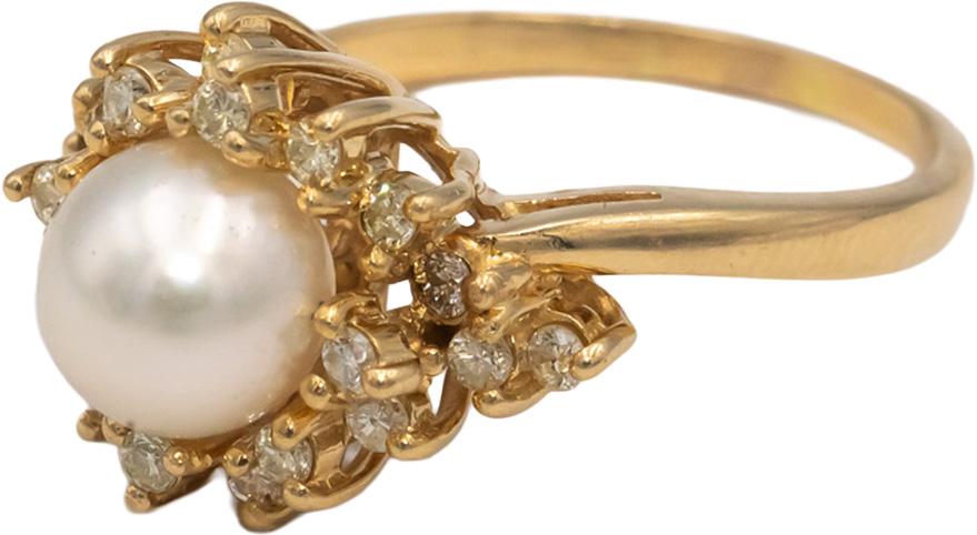 14k Yellow Gold Round Diamond & 8mm Pearl Cocktail Ring Size 9.5