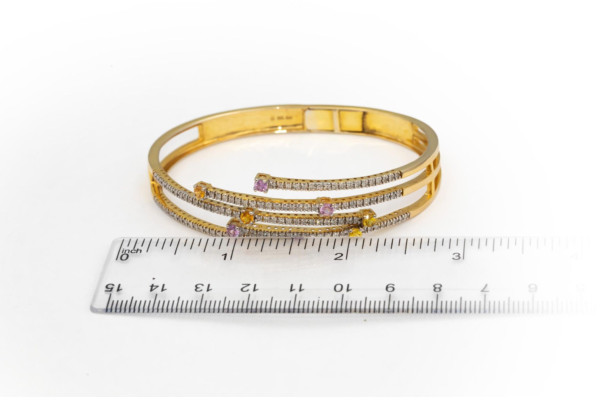 14k Yellow Gold Round Diamond Pink & Yellow Sapphire Bangle Bracelet 2.0CT