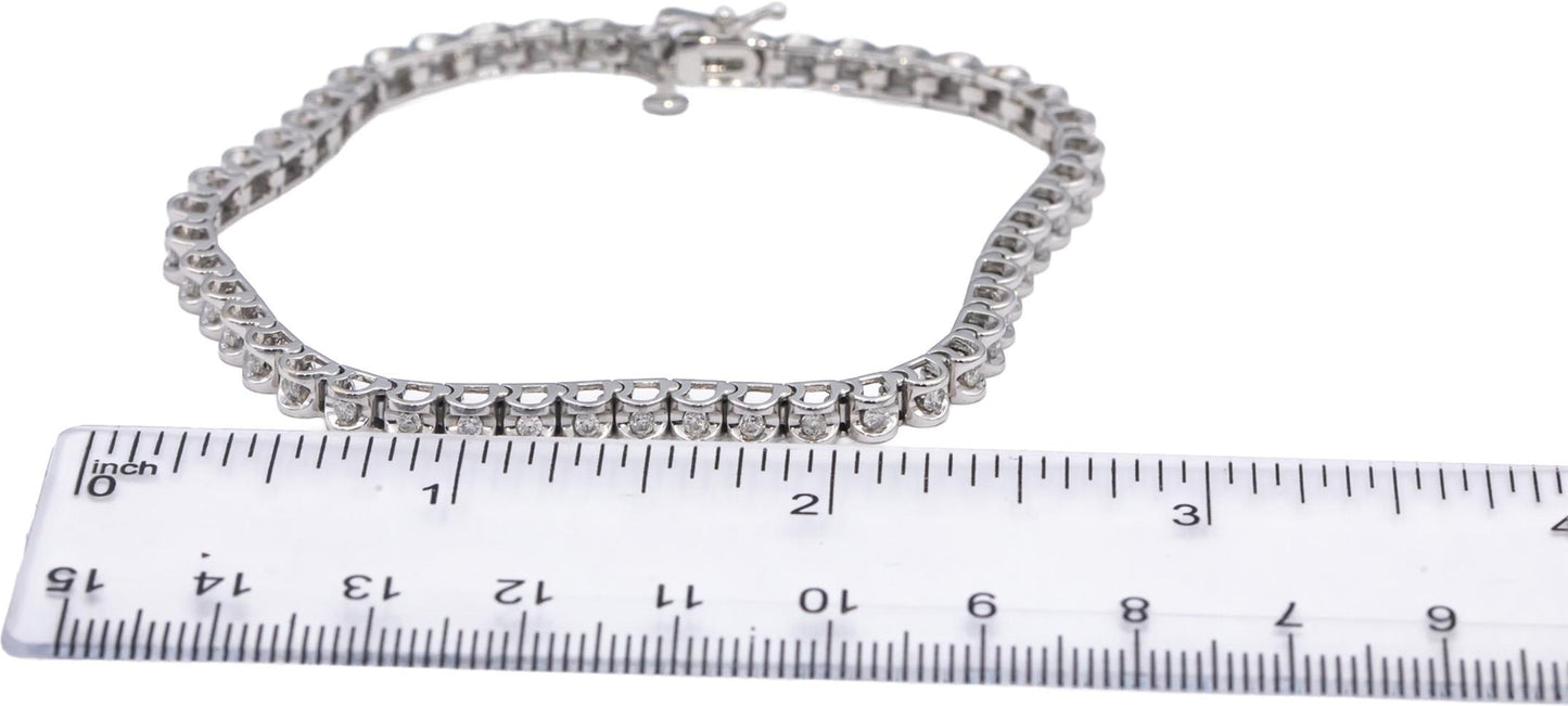 10k White Gold Round Half Bezel Set Diamond Tennis Bracelet 0.75CT