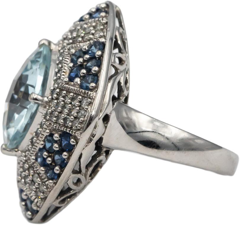 14k White Gold Aquamarine Diamond Sapphire Cluster Cocktail Ring 5.50CT Sz. 6.25