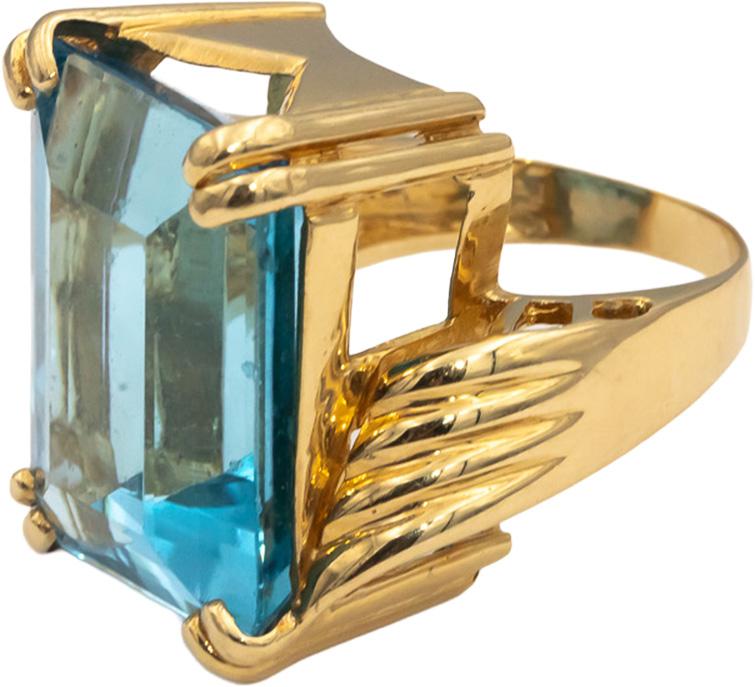 14k Yellow Gold Emerald Cut Blue Topaz Solitaire Cocktail Ring 42.0CT Size 7.5