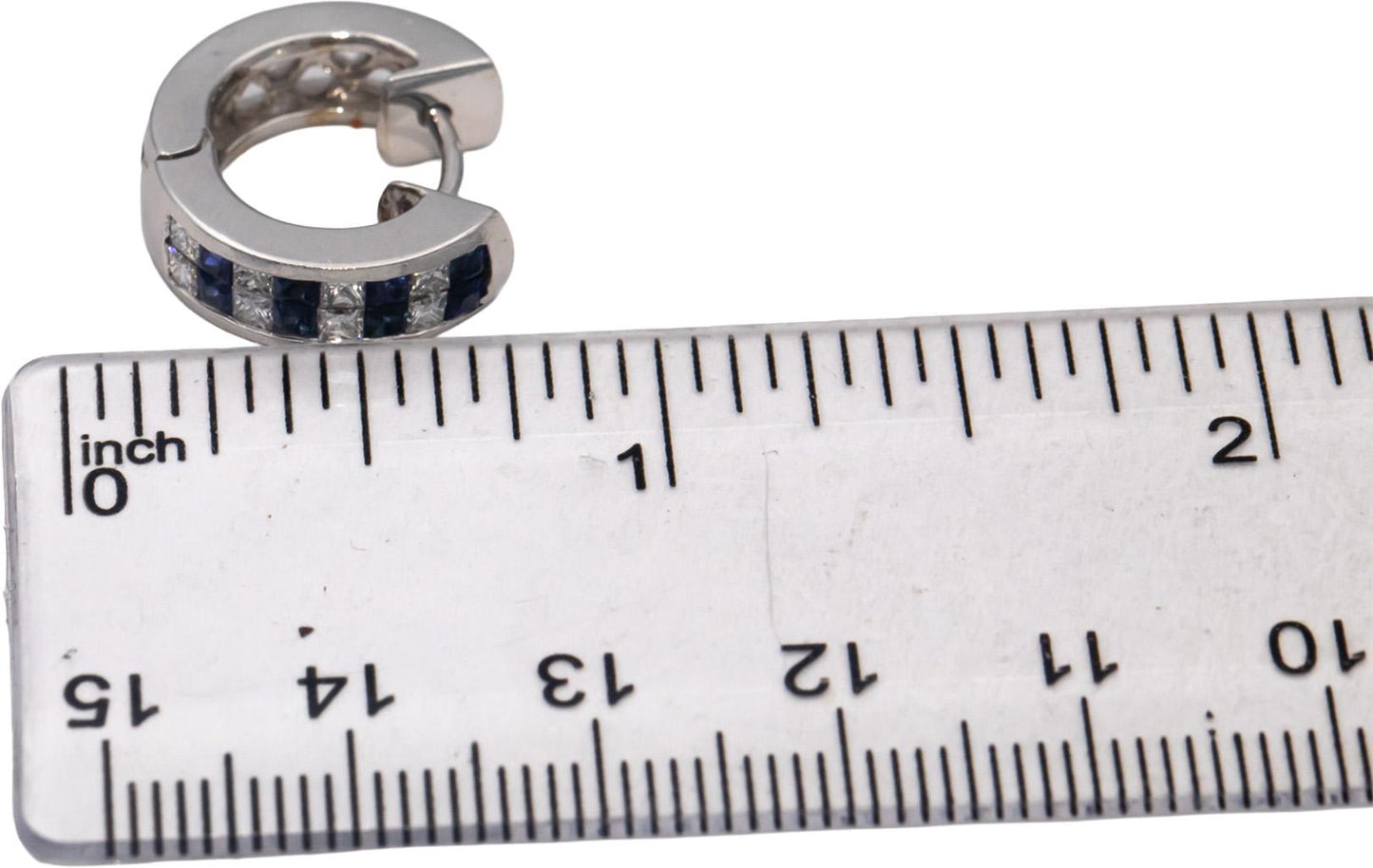 18k White Gold VS Princess Cut Diamond & Blue Sapphire Huggie Earrings 1.10CTW