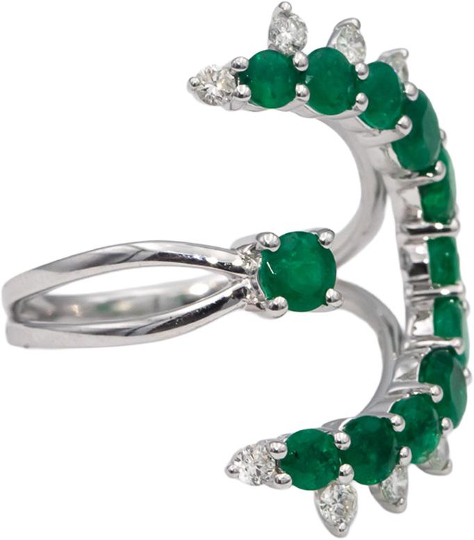 18k White Gold Round Emerald & Diamond Bypass Ring 3.45CTW Size 7