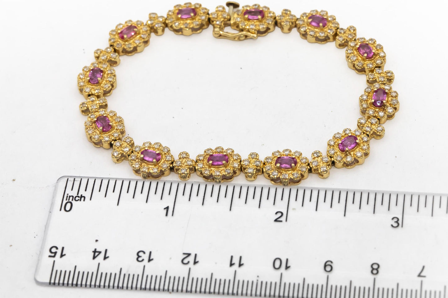 14k Yellow Gold Oval Pink Sapphire Round Diamond Floral Link Bracelet 4.50CTW