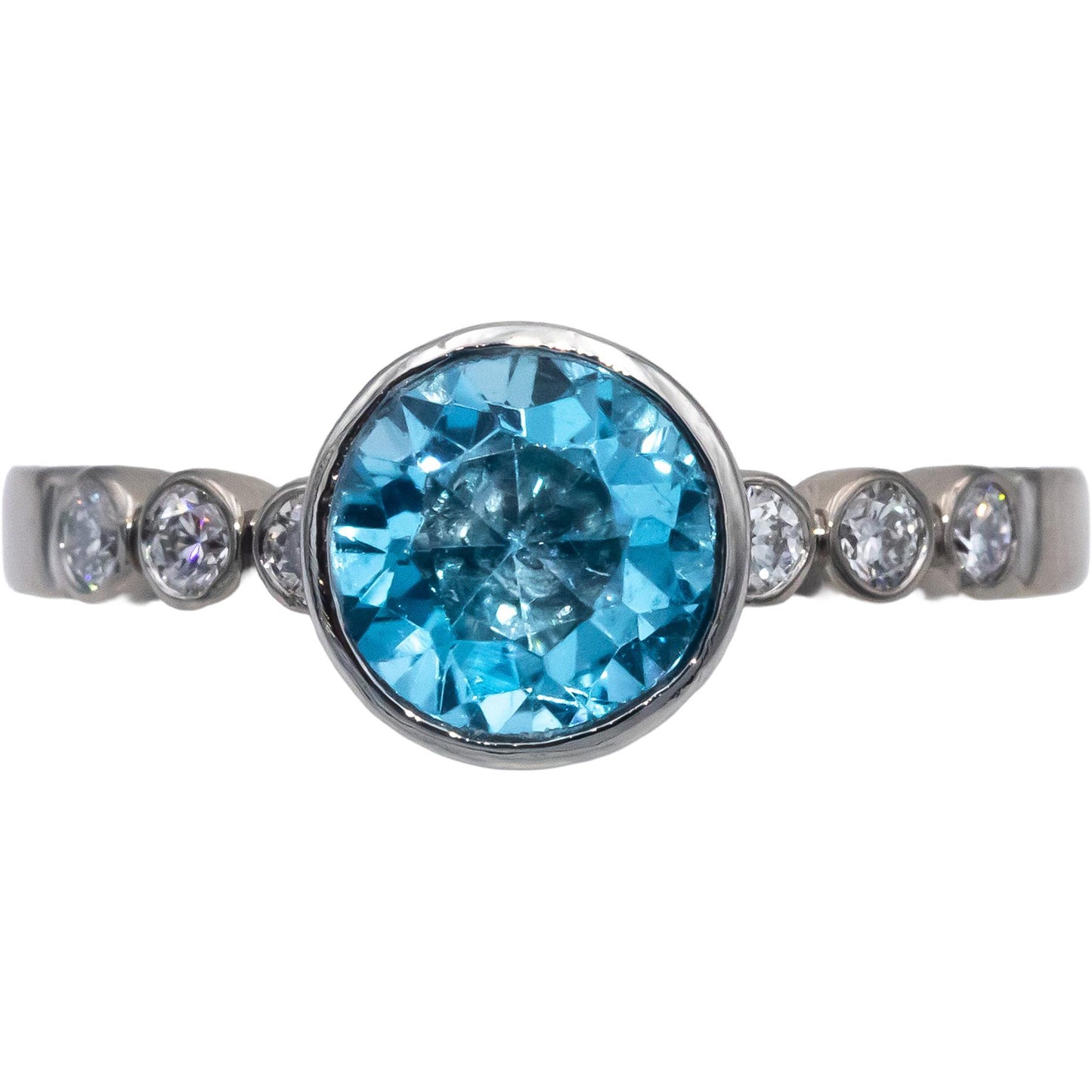 18k White Gold Round Bezel Set Blue Topaz & Diamond Cocktail Ring 1.87CT Size 6
