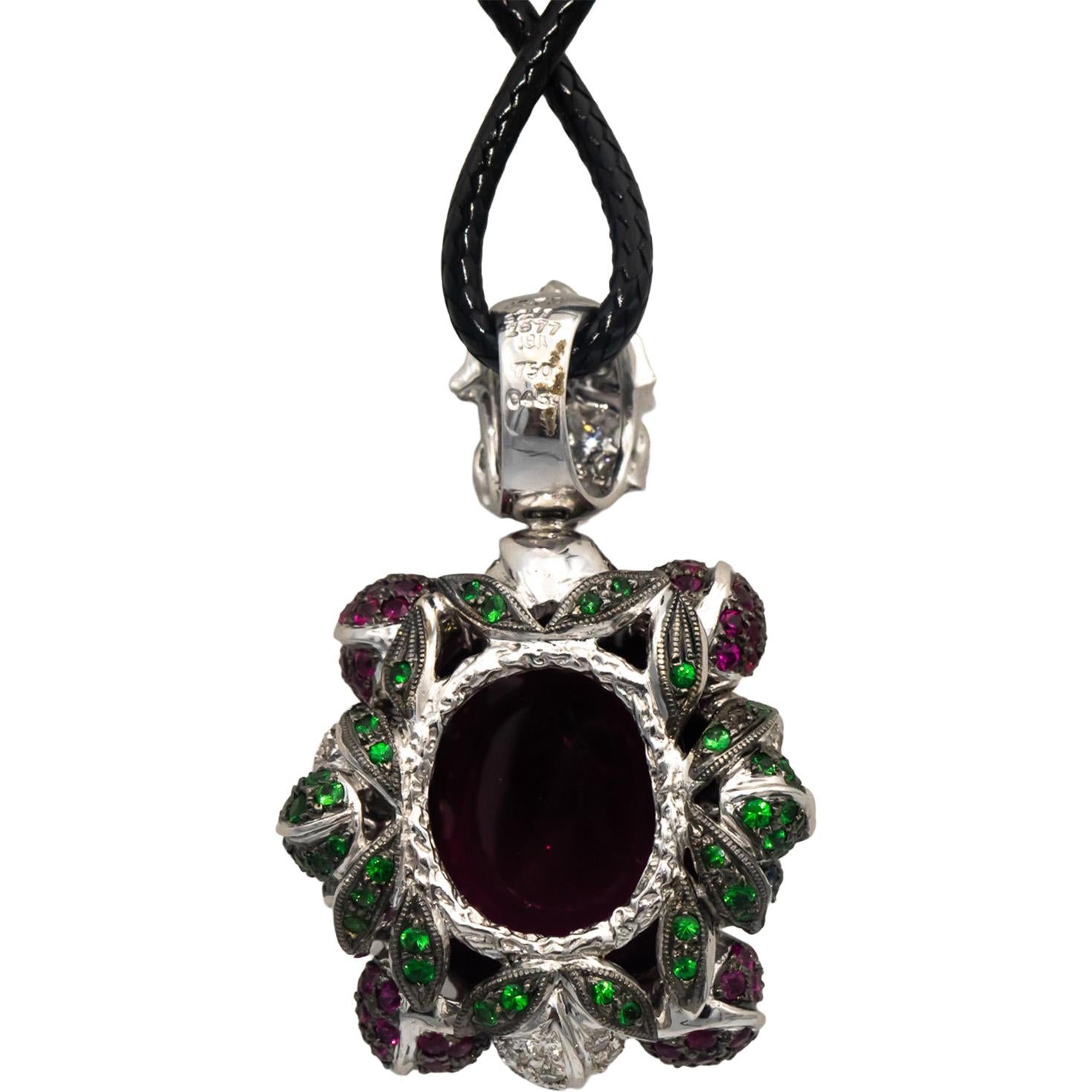 18k White Gold Rubellite Diamond Multi-Color Sapphire Pendant Necklace 28.58CTW
