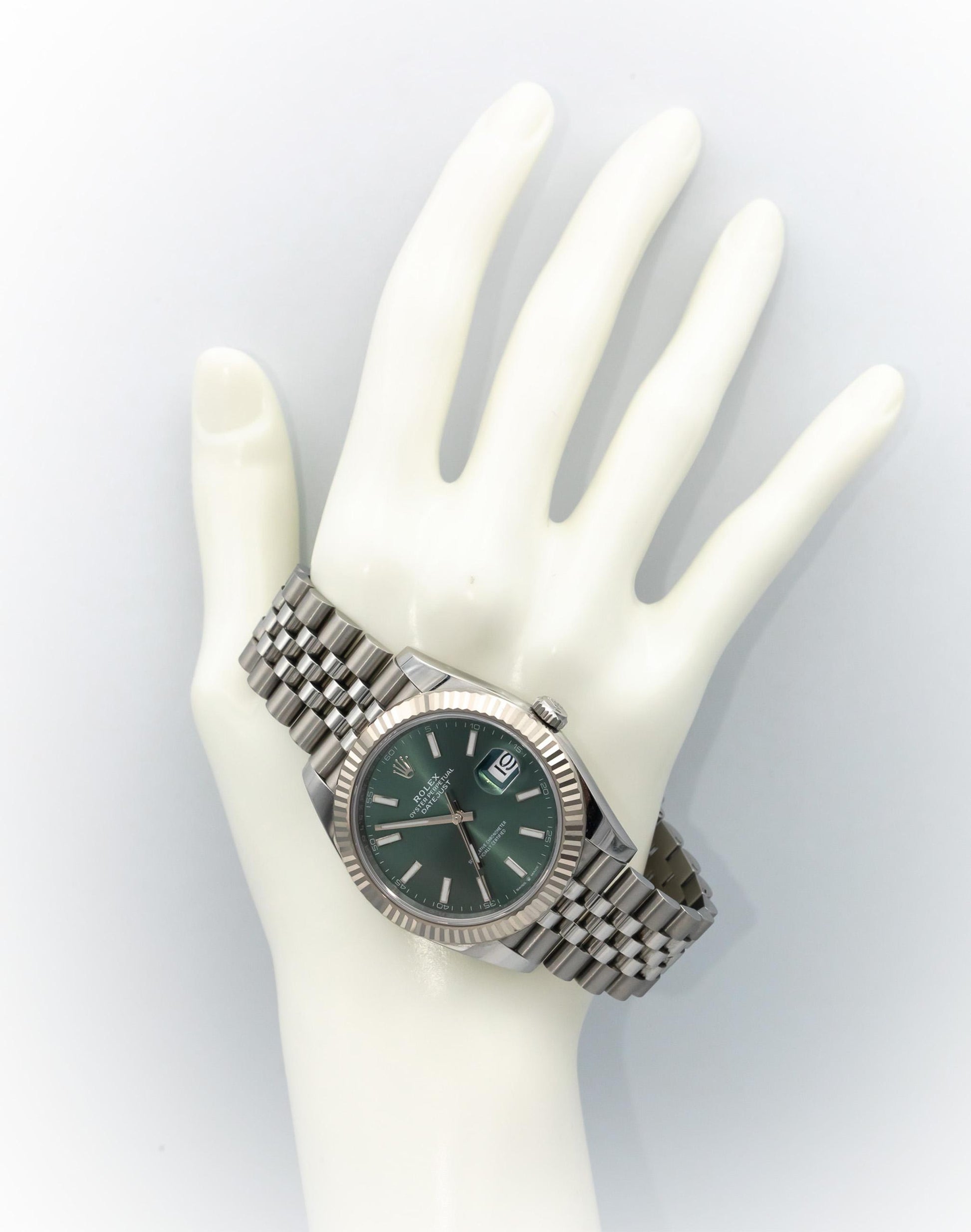 ROLEX Stainless Steel 18k Gold Datejust Green Dial 41mm Watch w/ Box Ref 126334