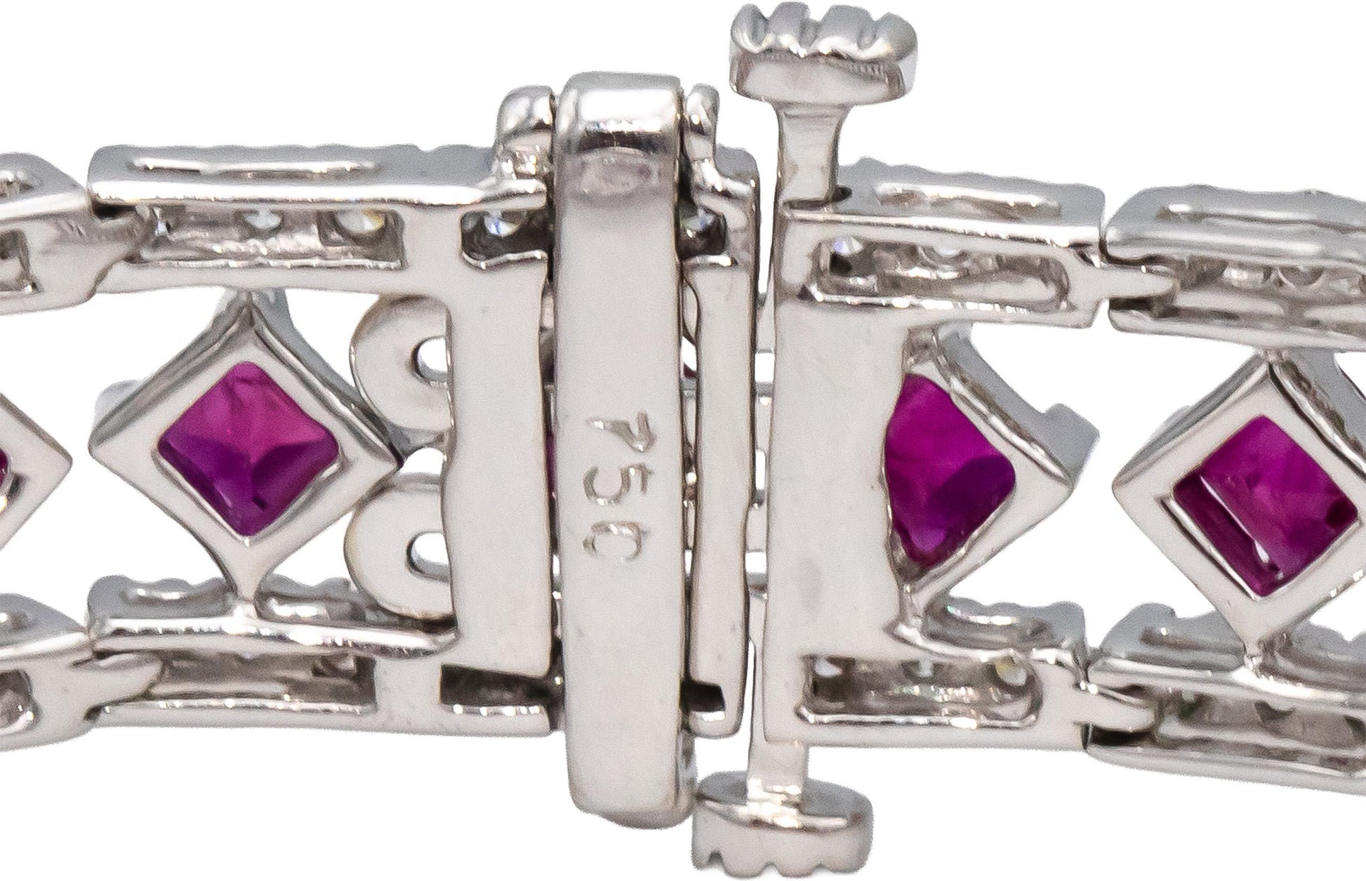 18k White Gold Square Cut Ruby & VS Round Diamond Fancy Link Bracelet 11.09CTW