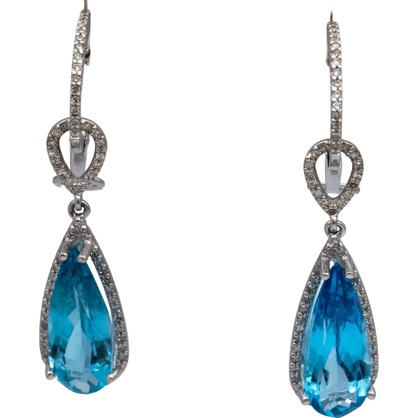 14k White Gold Blue Topaz and Diamond Drop Dangle Earrings 3.30CTW