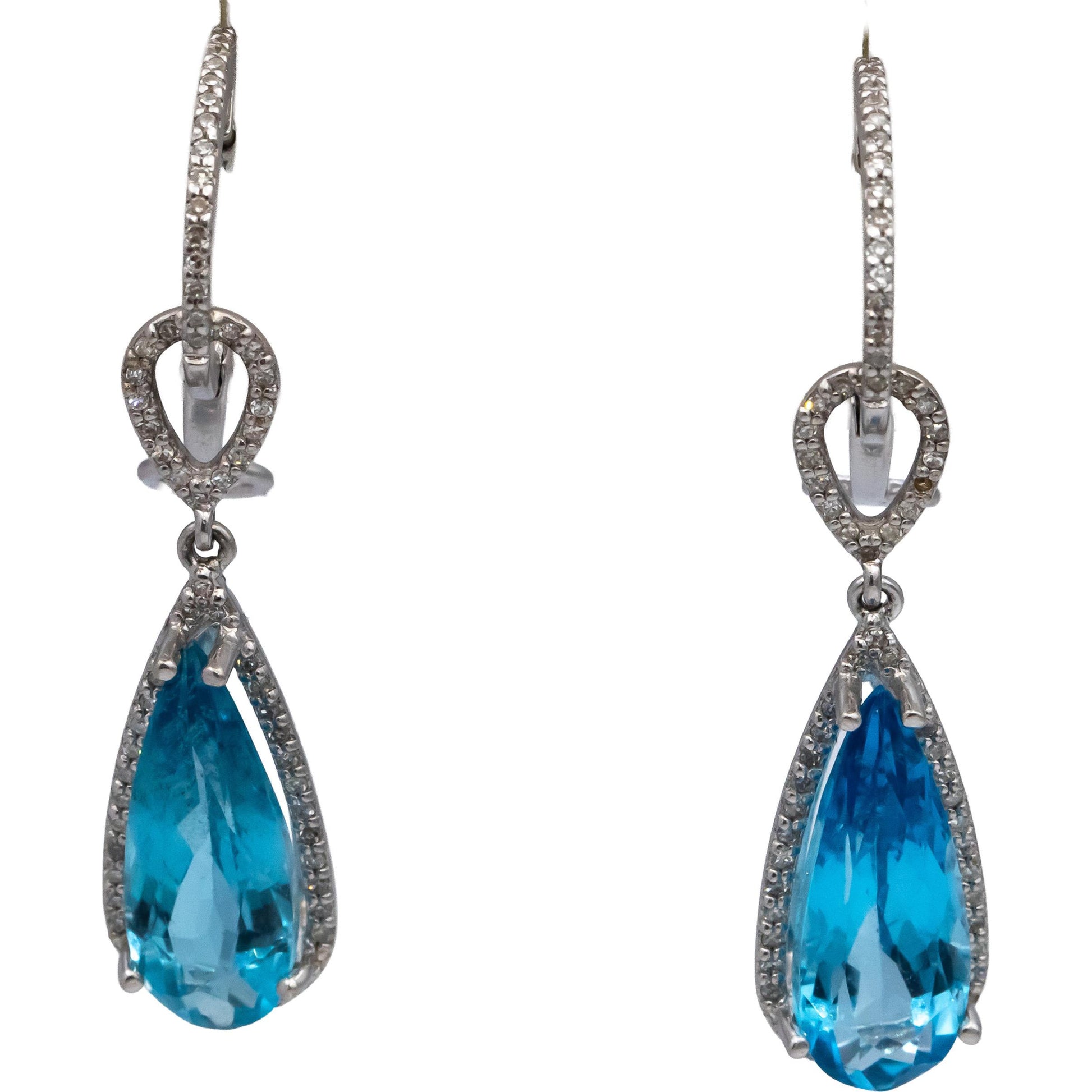 14k White Gold Blue Topaz and Diamond Drop Dangle Earrings 3.30CTW