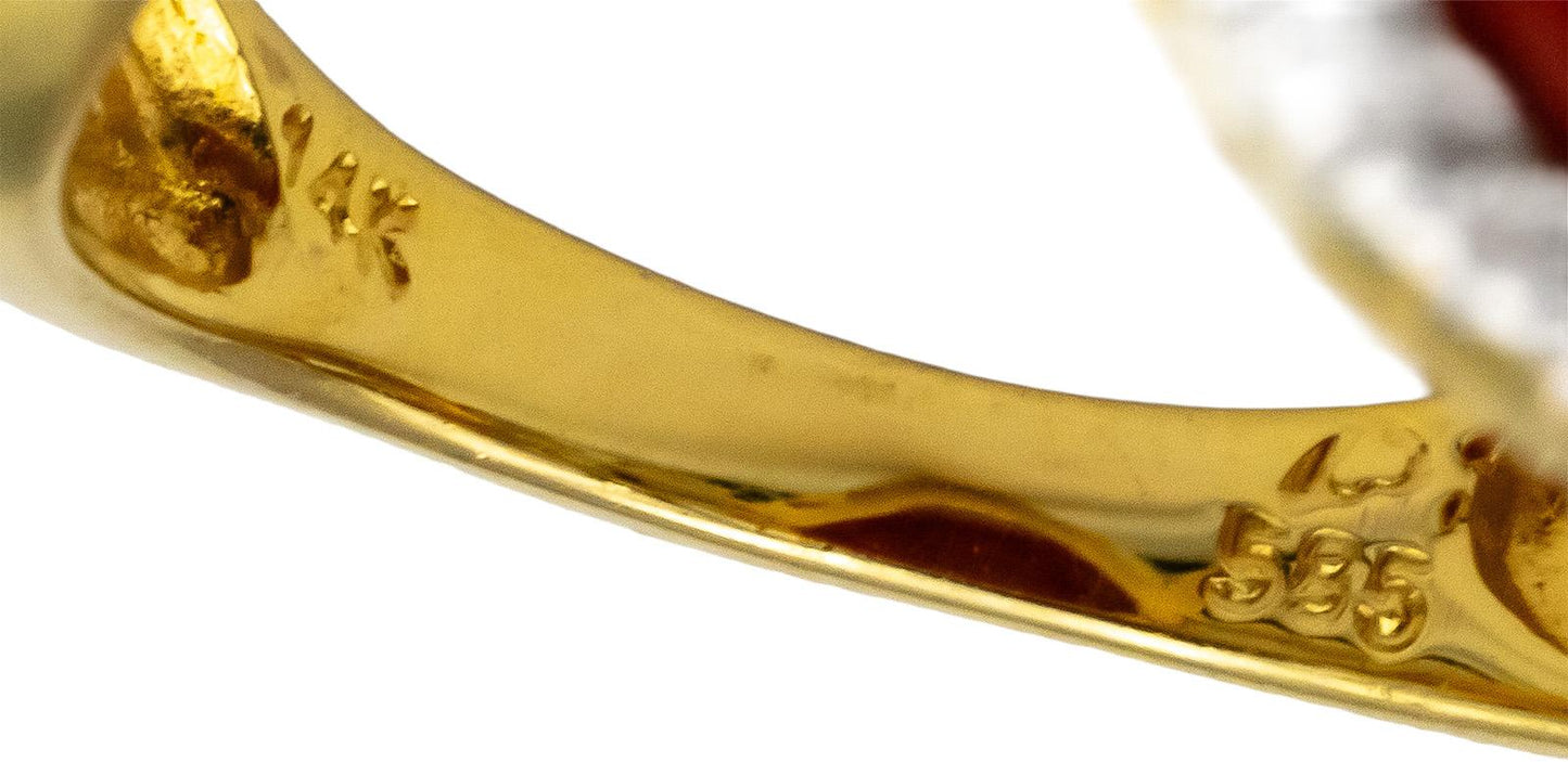 14k Yellow Gold Cabochon Coral Round Diamond Cocktail Ring 0.25CT Size 7