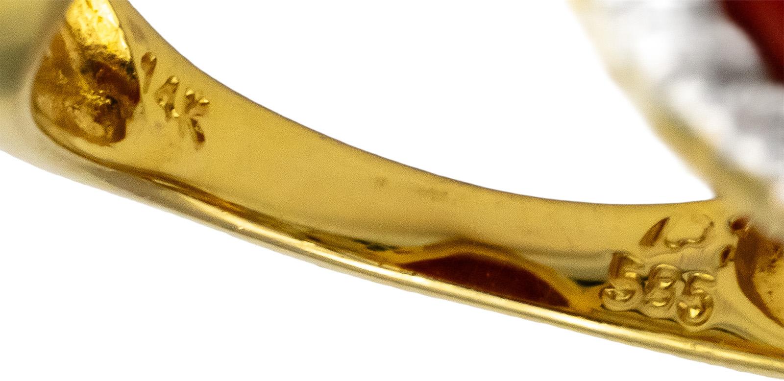 14k Yellow Gold Cabochon Coral Round Diamond Cocktail Ring 0.25CT Size 7