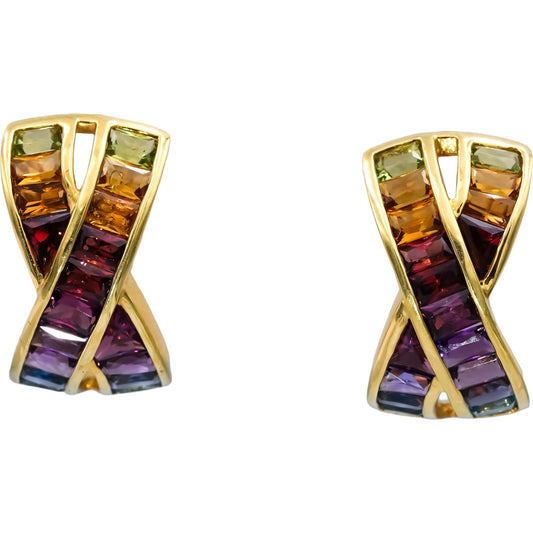 18k Yellow Gold Rainbow Gemstone Crossover Earrings 3.50CTW
