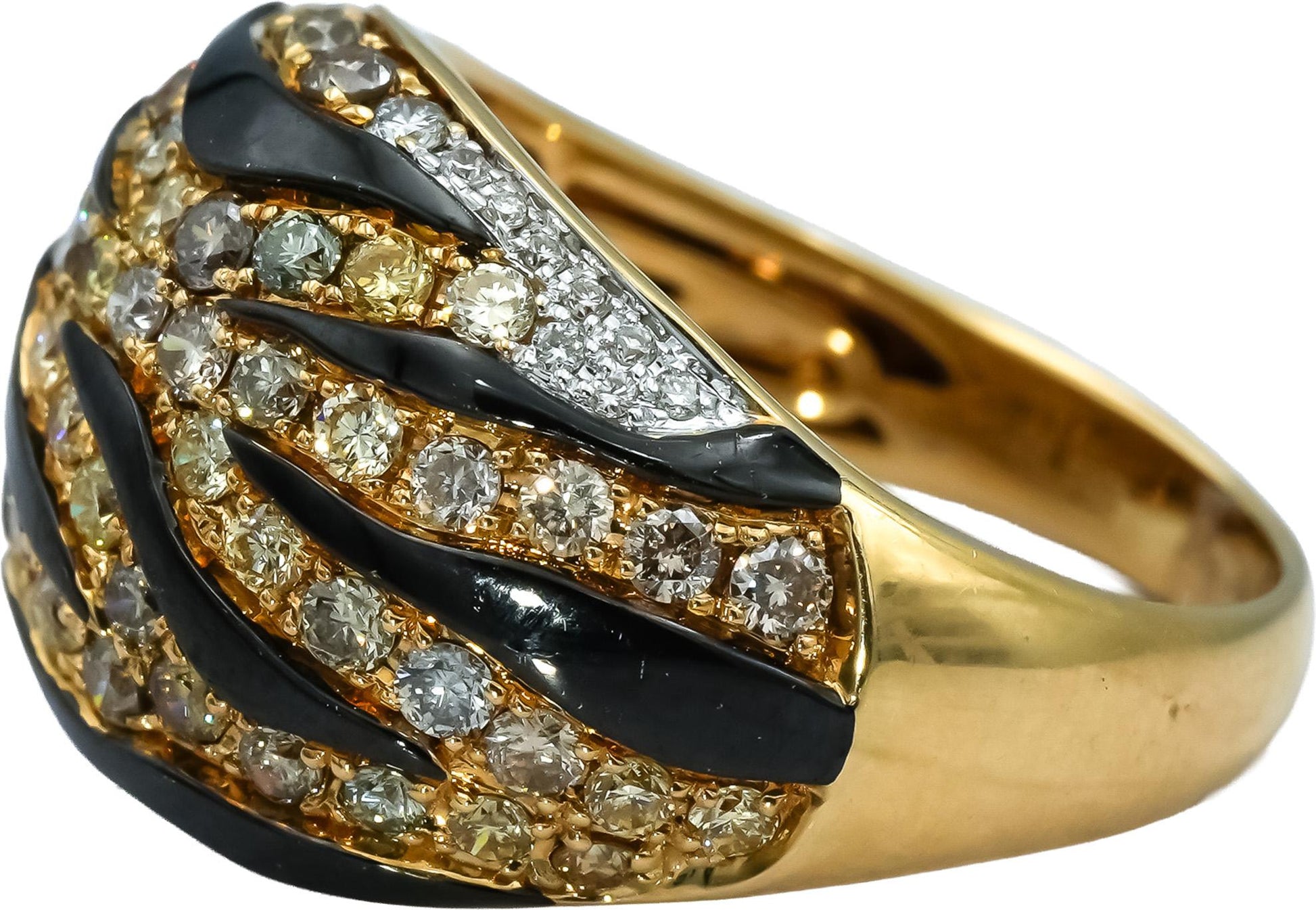14k Yellow Gold Round Diamond and Enamel Animal Stripe Dome Ring 1.10CT Size 6.5