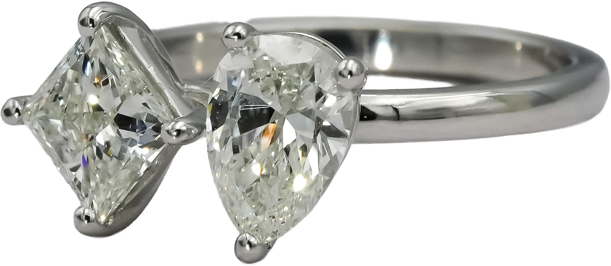 14k White Gold Pear & Princess Cut Diamond Two Stone Ring 1.64CT Size 6.25