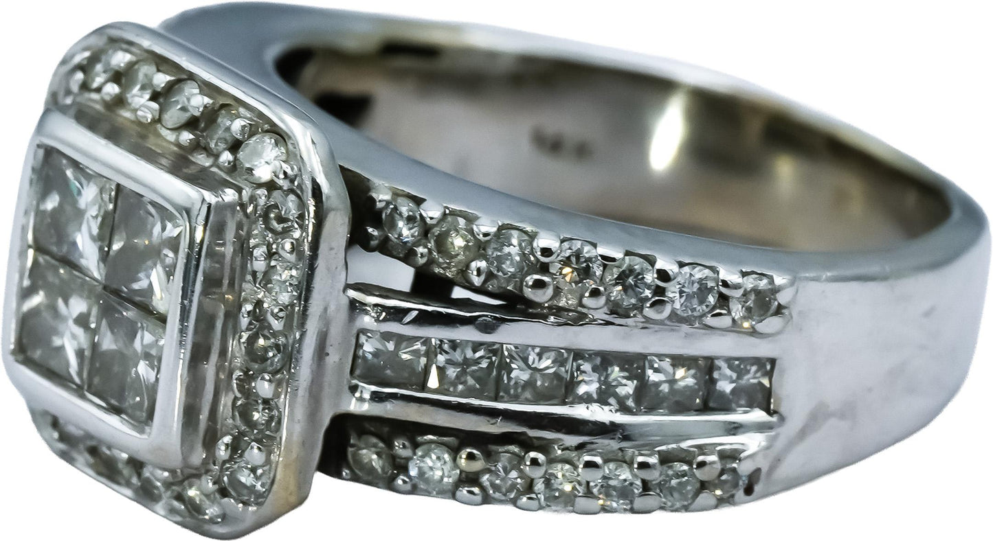 14k White Gold Princess & Round Diamond Cocktail Ring 1.25CT Size 6