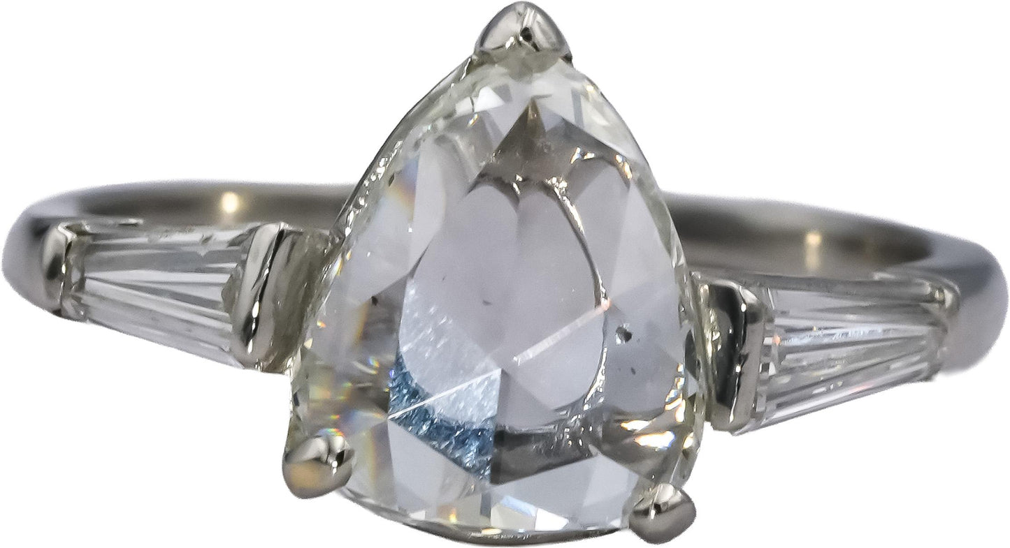 18k White Gold Pear Rose & Baguette Cut Diamond Engagement Ring 1.55CT Size 6