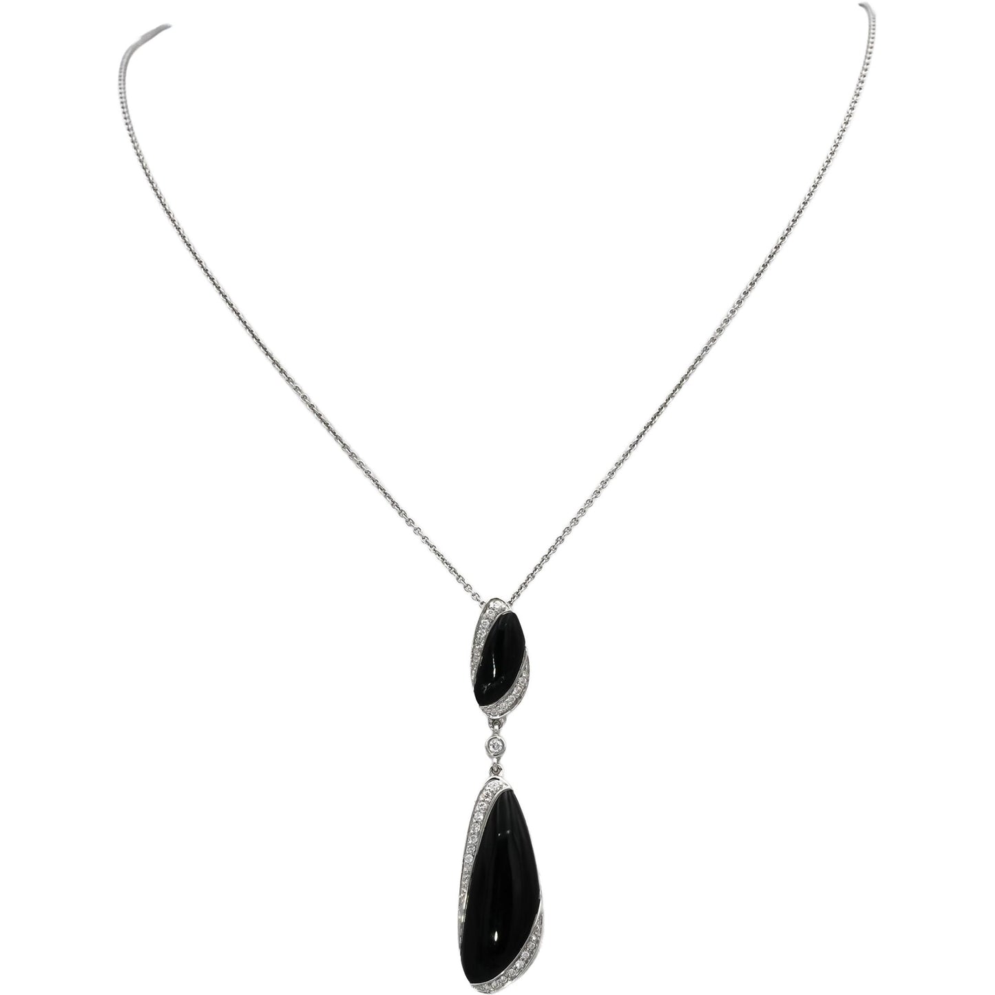 14k White Gold Round Diamond and Onyx Pendant Necklace 0.15CT