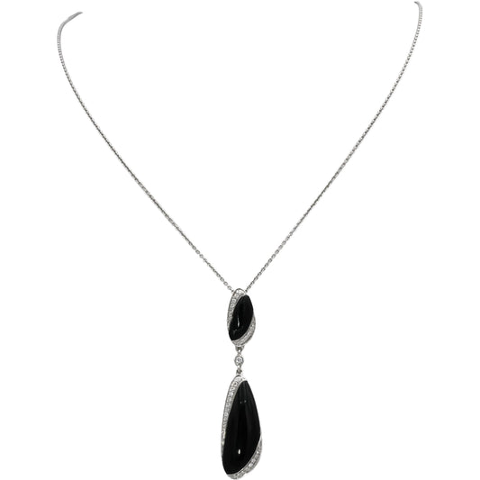 14k White Gold Round Diamond and Onyx Pendant Necklace 0.15CT