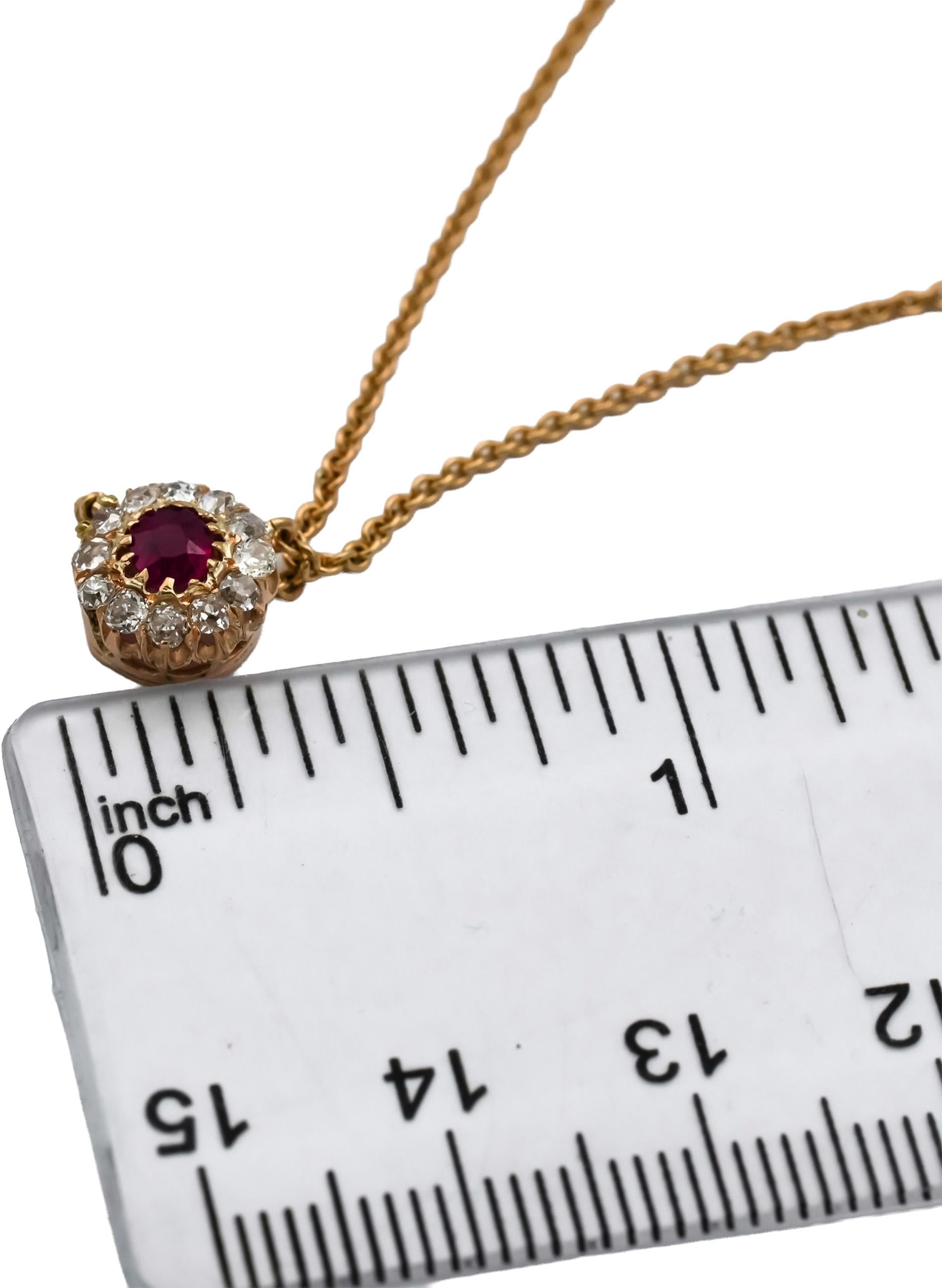 Vintage Antique 18k Yellow Gold Old Mine Diamond and Ruby Pendant Necklace .70CT