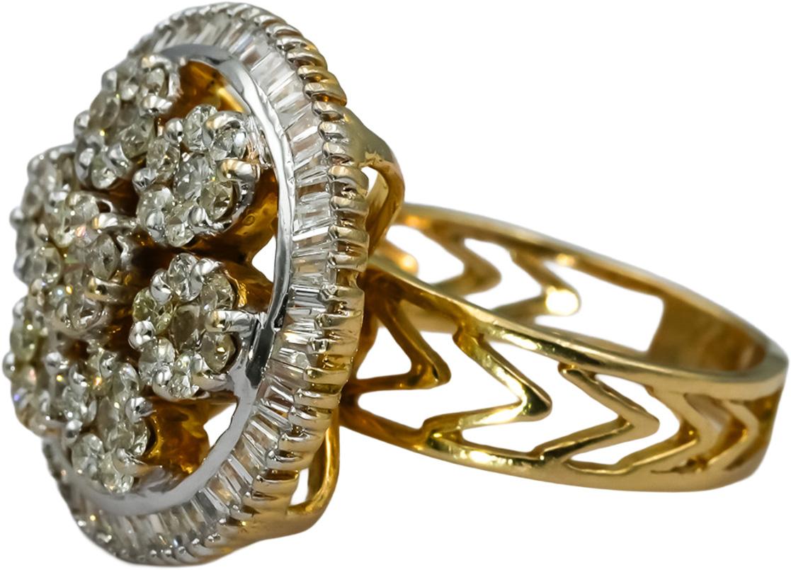 14k Yellow Gold Round and Baguette Cut Diamond Cocktail Ring 1.31CT Size 6