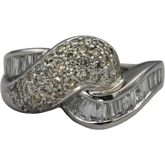 18k White Gold VS Round & Baguette Diamond Crossover Ring 1.0CT Size 6.5