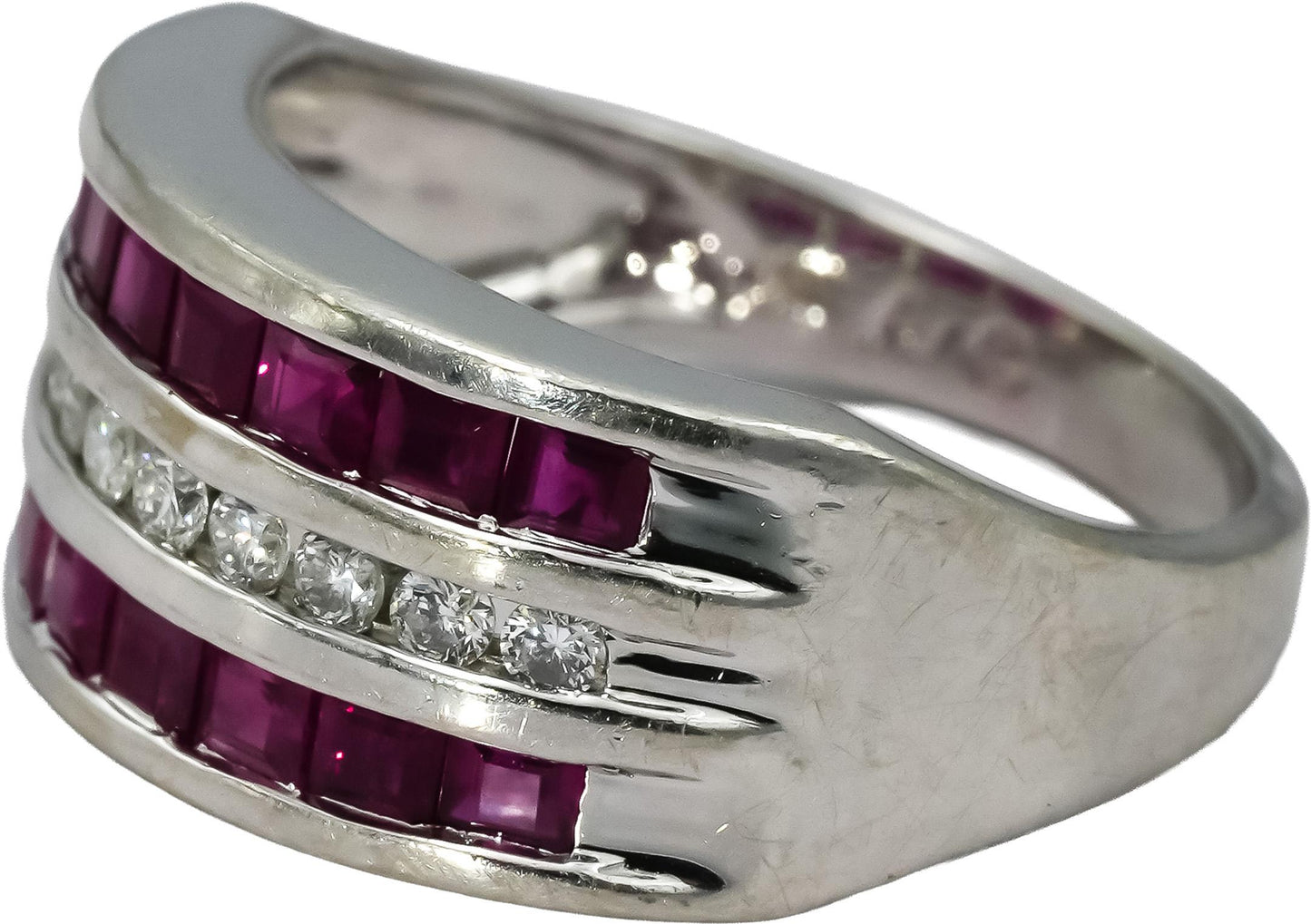 14k White Gold Diamond and Ruby Three Row Band Ring 1.0CT Size 6.75
