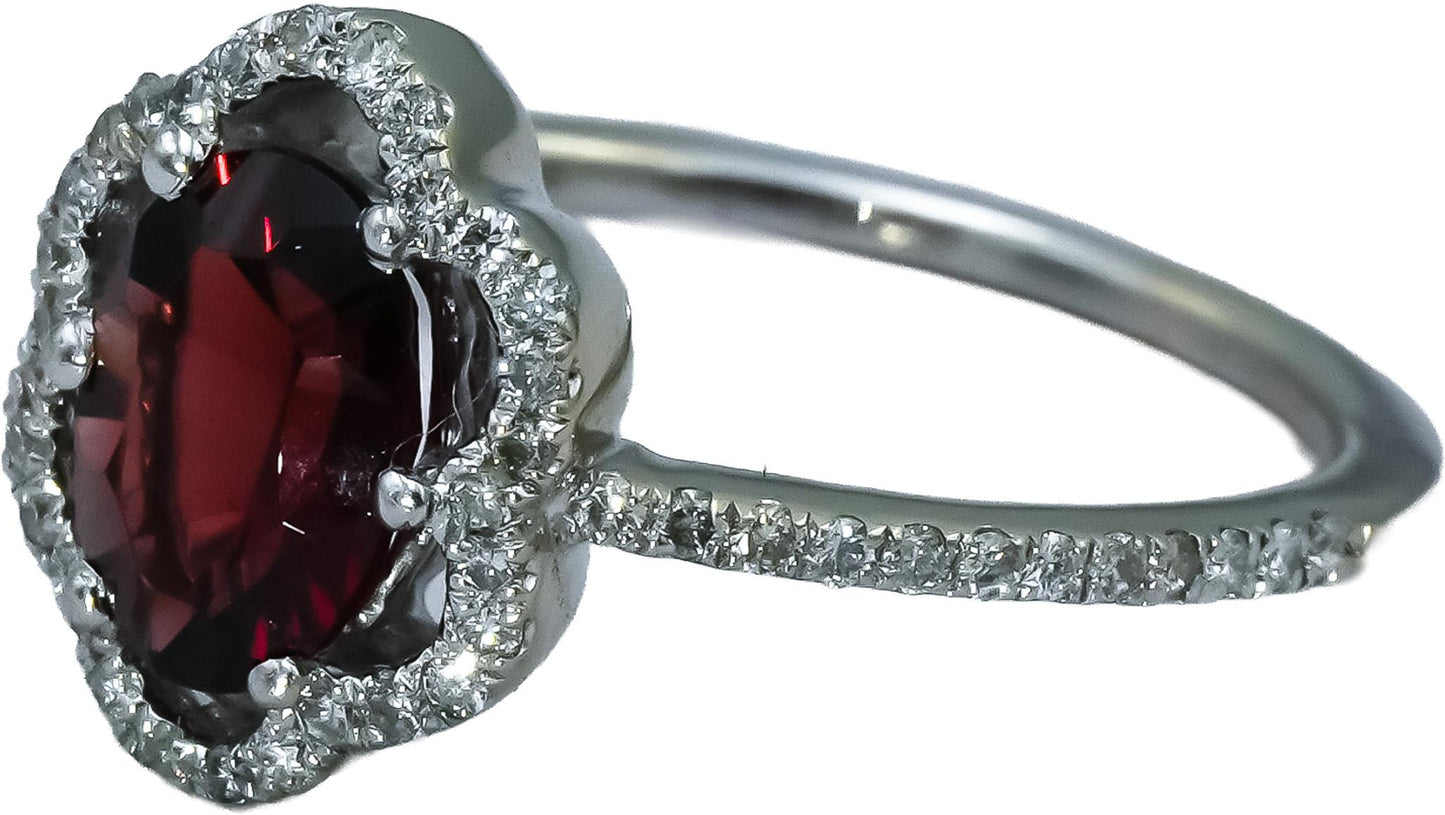 14k White Gold Round diamond Oval Garnet Cocktail Ring 1.20CT Size 4