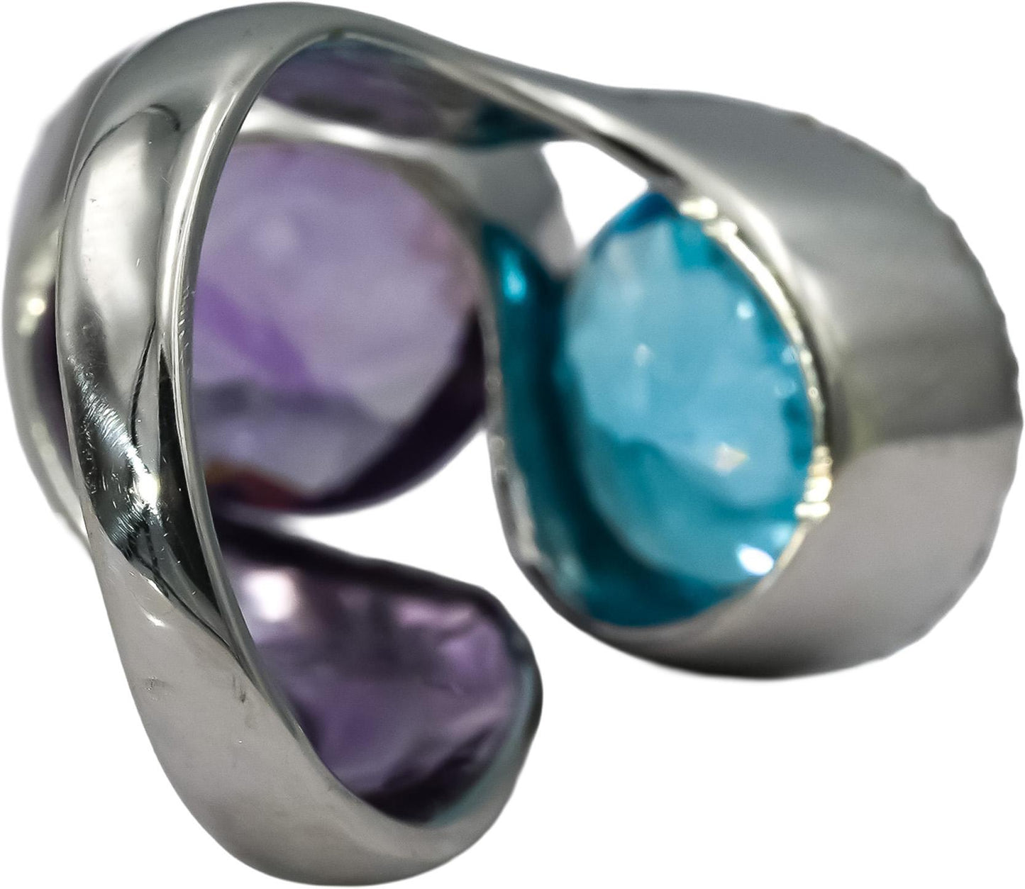18k White Gold Diamond Blue Topaz Amethyst Bypass Ring 8.33CT Size 4
