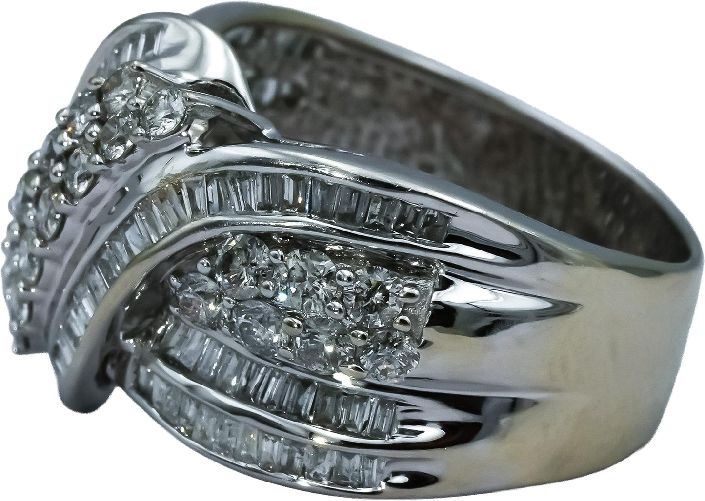 14k White Gold Round and Baguette Cut Diamond Crossover Ring 1.50CT Size 8.75