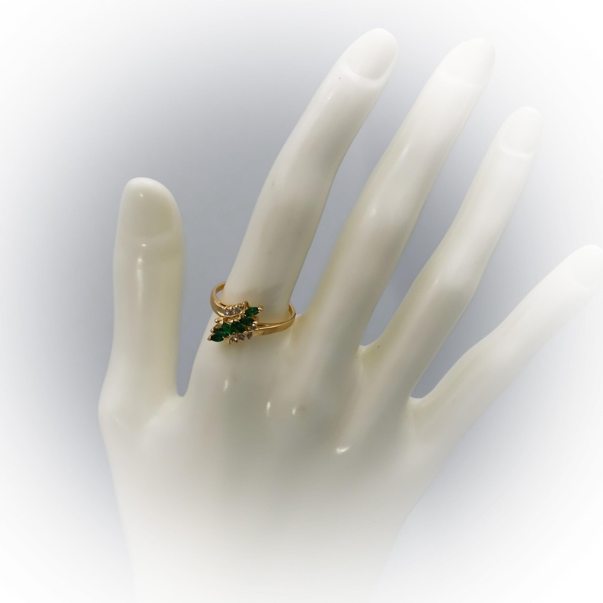 14k Yellow Gold Round Diamond & Marquise Emerald Cocktail Ring 0.45CT Size 7.75