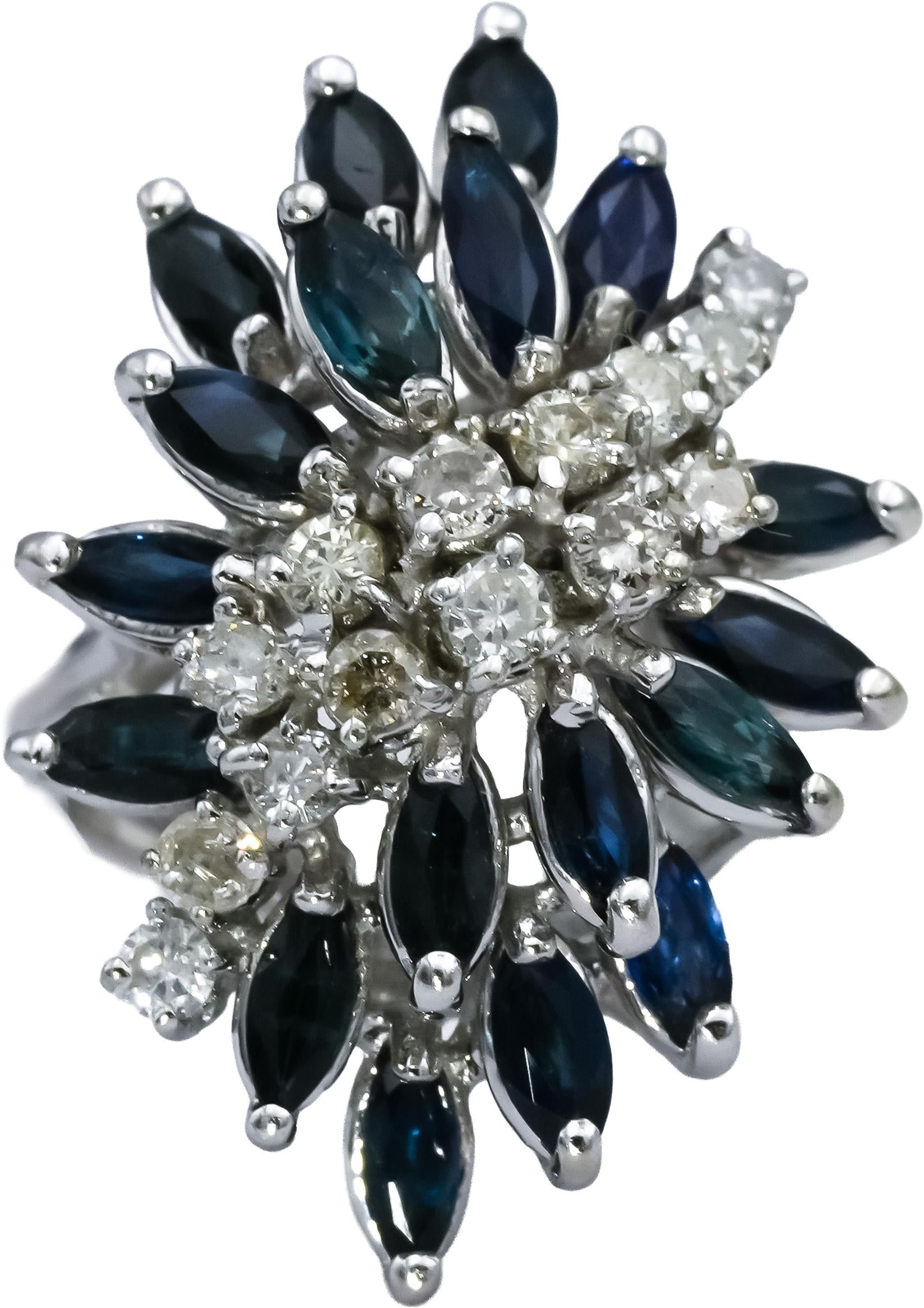 14k White Gold Diamond and Sapphire Cocktail Ring 3.0CT Size 6.5