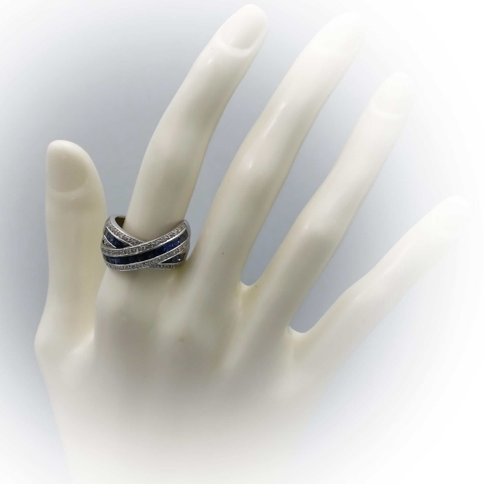 14k White Gold Diamond & Multi Color Blue Sapphire Crossover Ring 2.95CT Sz 6.75