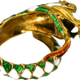 Vintage Antique 18k Yellow Gold White and Green Enamel Snake Ring 7