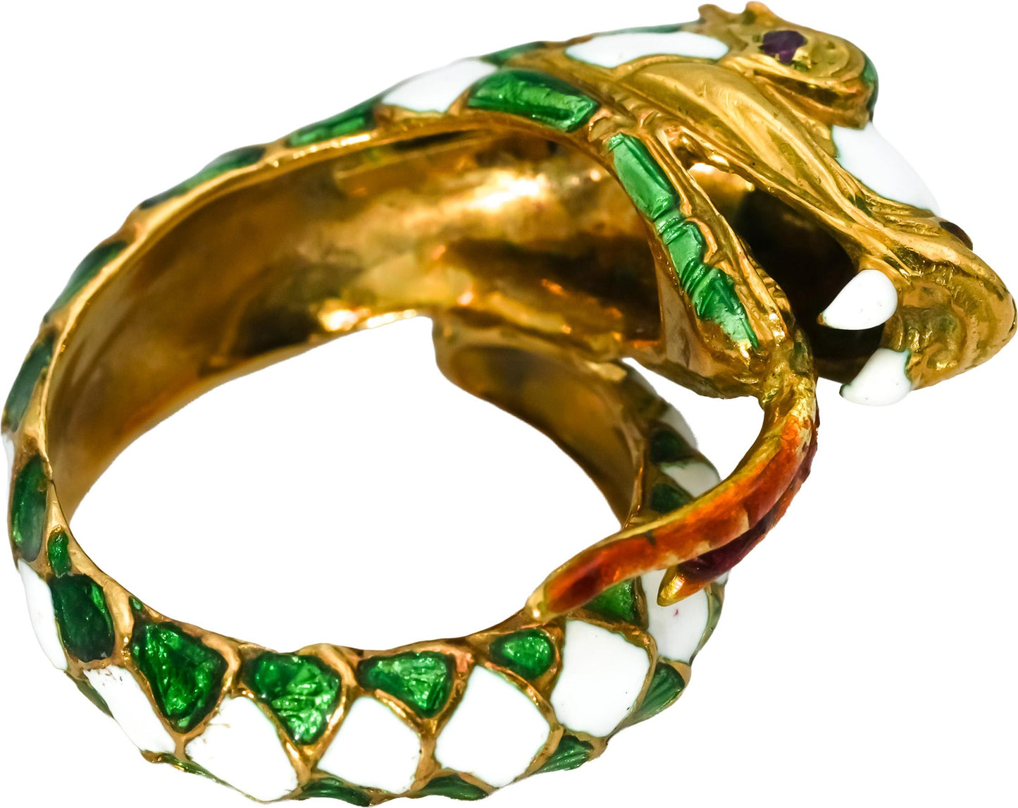 Vintage Antique 18k Yellow Gold White and Green Enamel Snake Ring 7