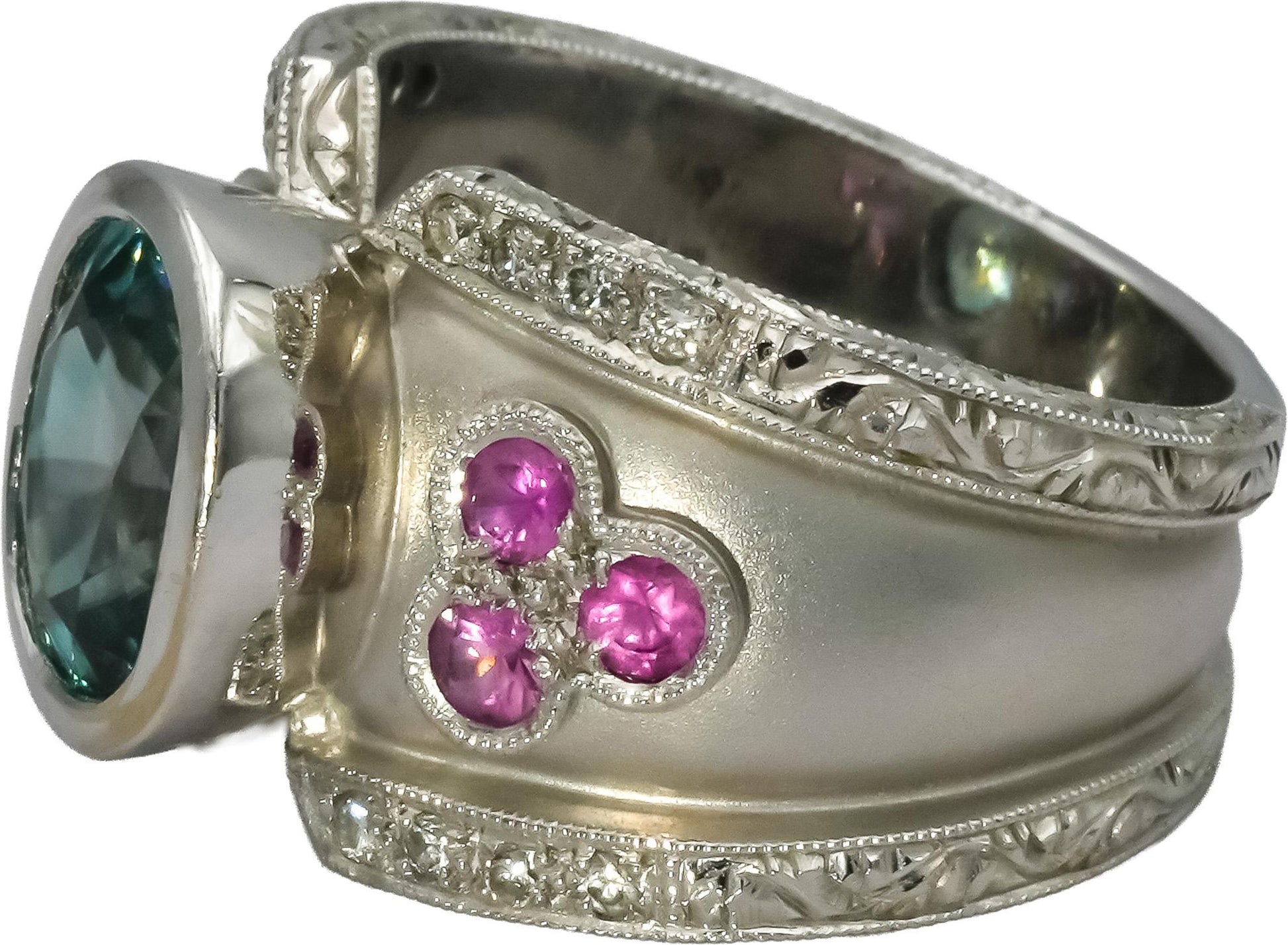 18k White Gold Diamond Blue & Pink Sapphire Cocktail Ring 5.25CT Size 7.25