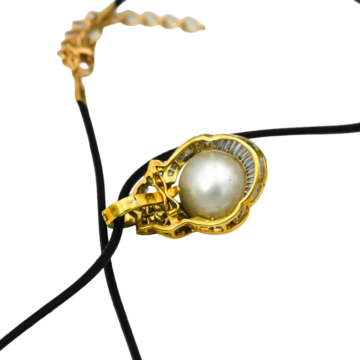 18k Yellow Gold VS Round Baguette Diamond & 13.0mm Pearl Pendant Necklace 1.0CT