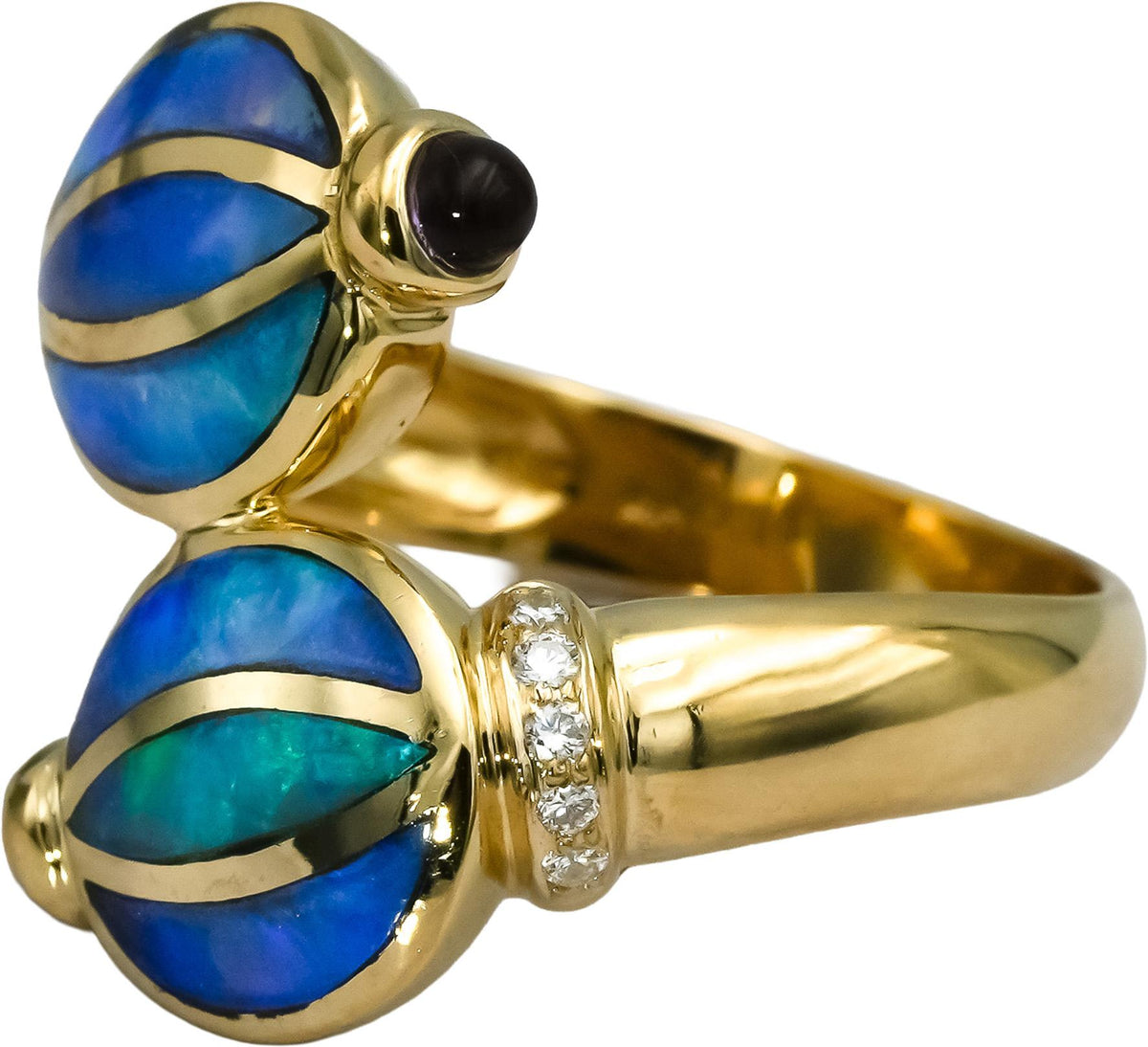 14k Yellow Gold Diamond Amethyst Inlay Opal Bypass Ring 0.09CT Size 6.5