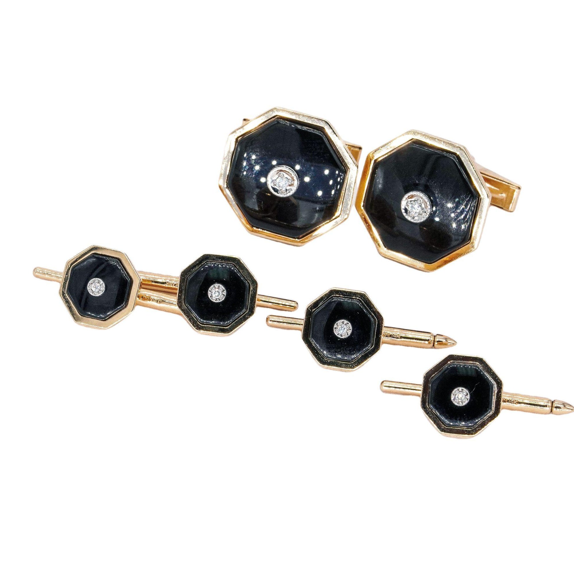 14k Yellow Gold 0.12ct Diamond + Onyx Cufflink Set