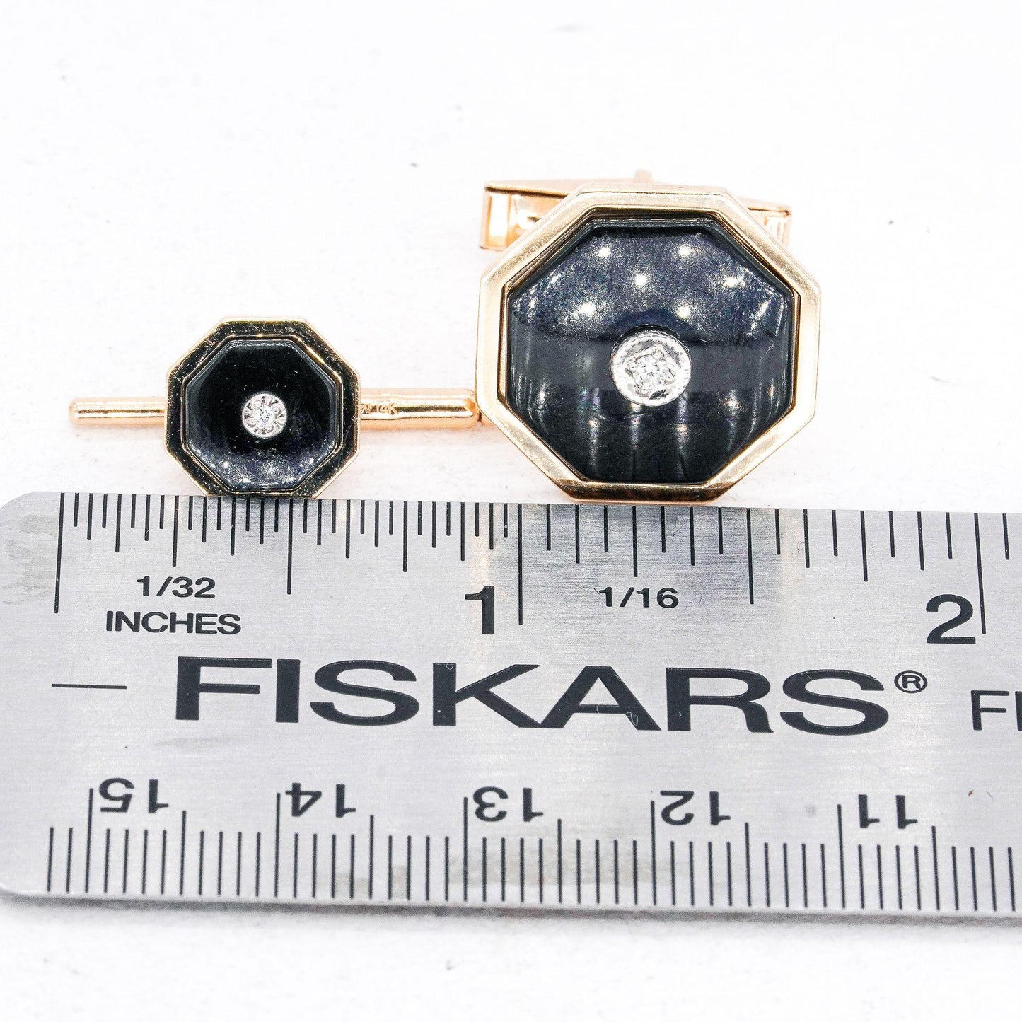 14k Yellow Gold 0.12ct Diamond + Onyx Cufflink Set