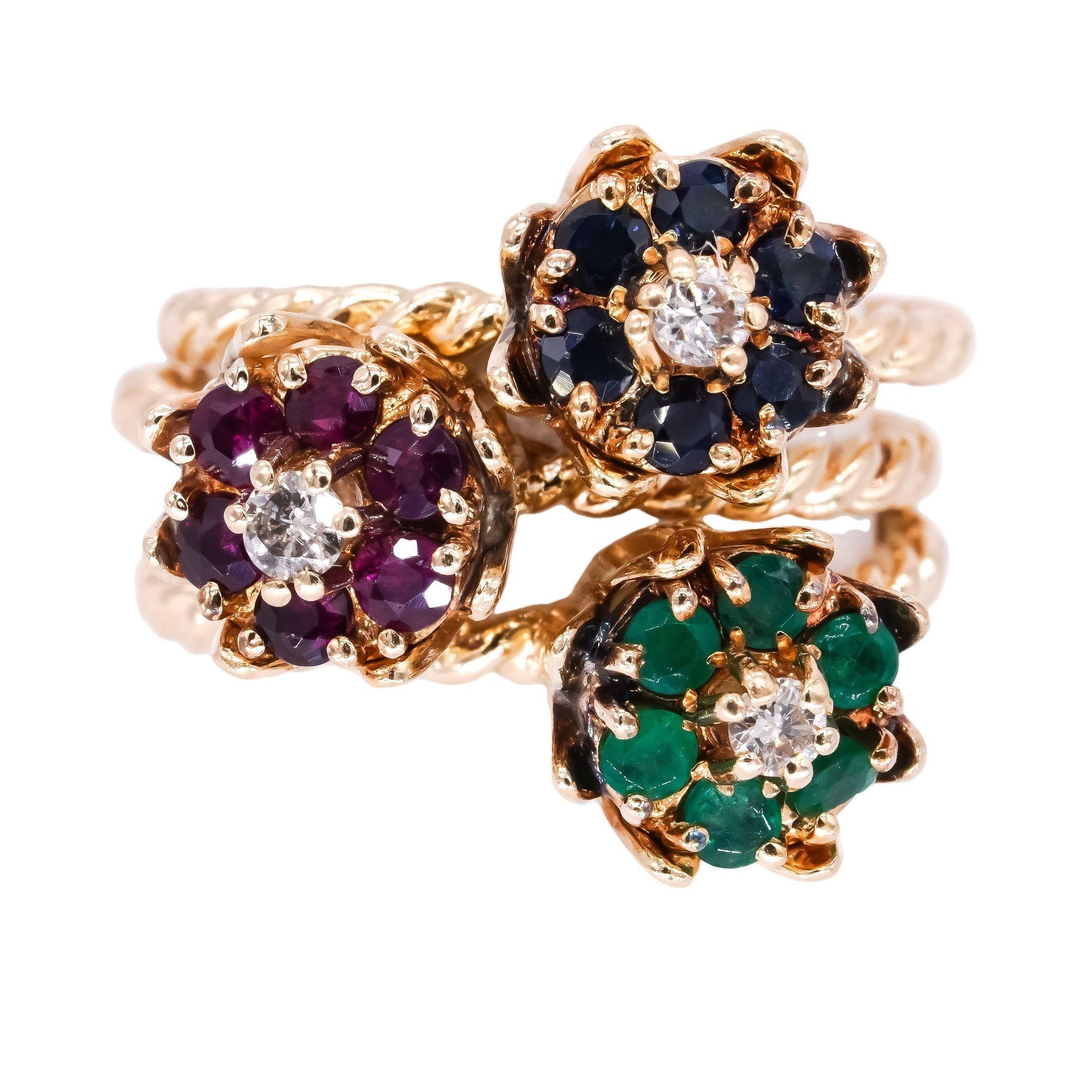 14k Gold 1.15ct Diamond Ruby Emerald Sapphire Stackable Flower Ring Set