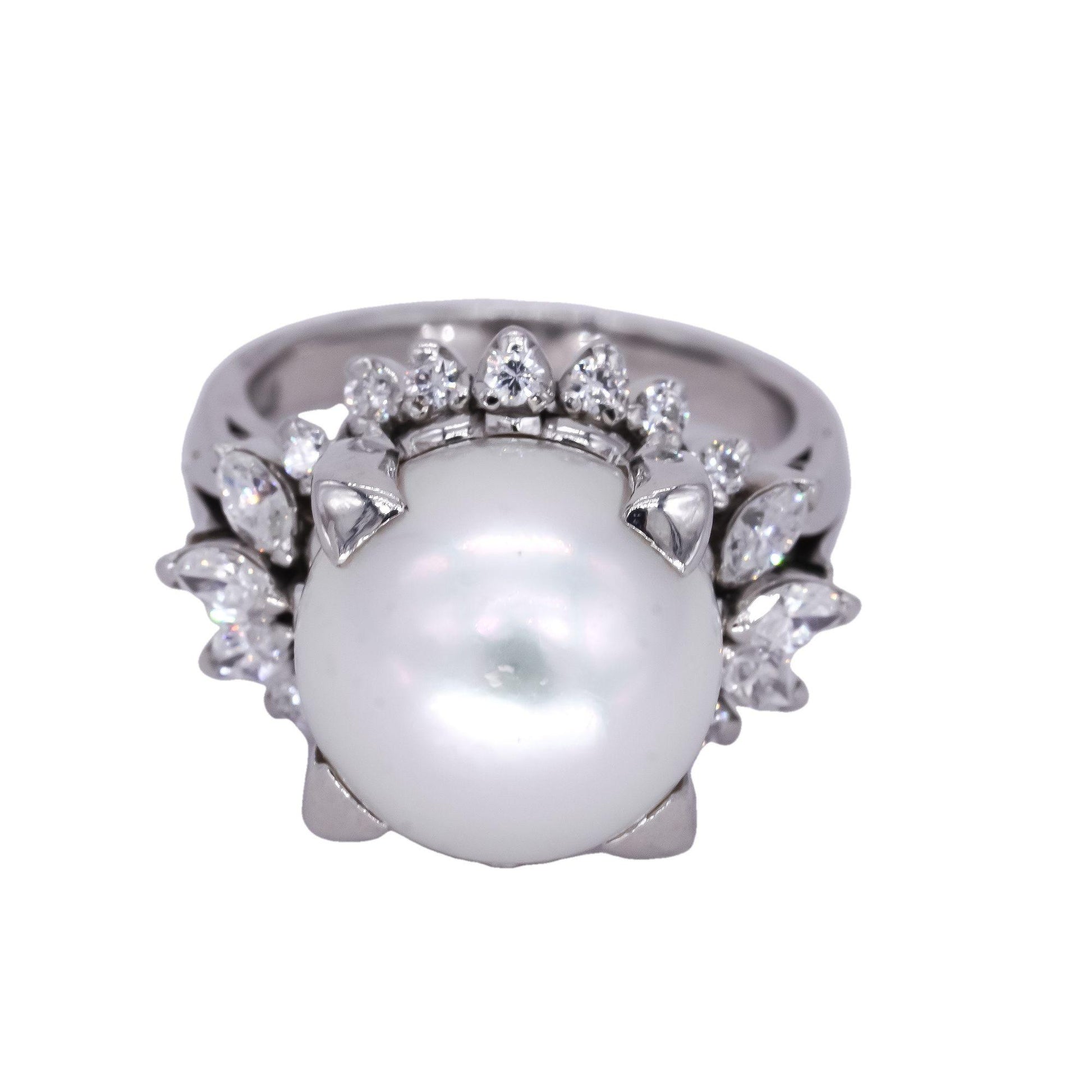 Platinum Jewelry 0.67CT VS Diamond & 12.3mm Pearl Cocktail Ring size 5.5