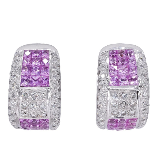 18k White Gold 7.0CT VS Diamond & Pink Sapphire Curved Earrings - 24.8 grams