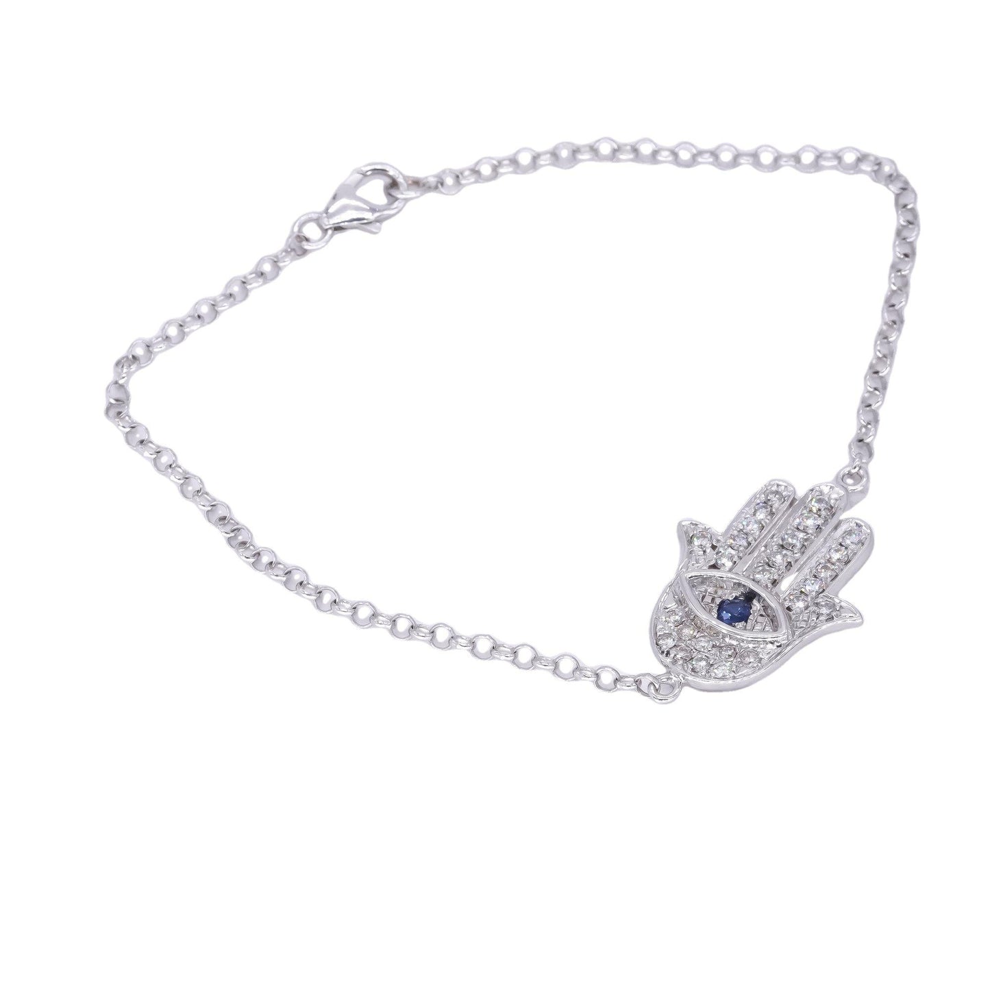 18k White Gold Jewelry 0.85CT VS Diamond & Sapphire Hamsa Bracelet