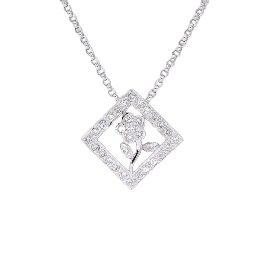 18k White Gold Jewelry 0.45CT VS Diamond Flower Square Pendant Necklace