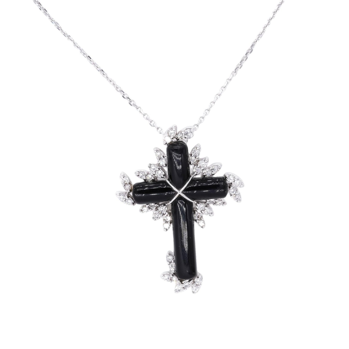 18k White Gold 0.68CT Diamond & Onyx Cross Crucifix Pendant Necklace