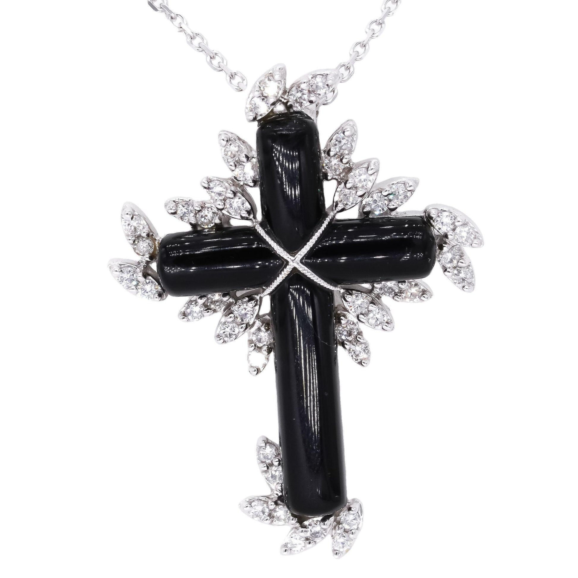 18k White Gold 0.68CT Diamond & Onyx Cross Crucifix Pendant Necklace