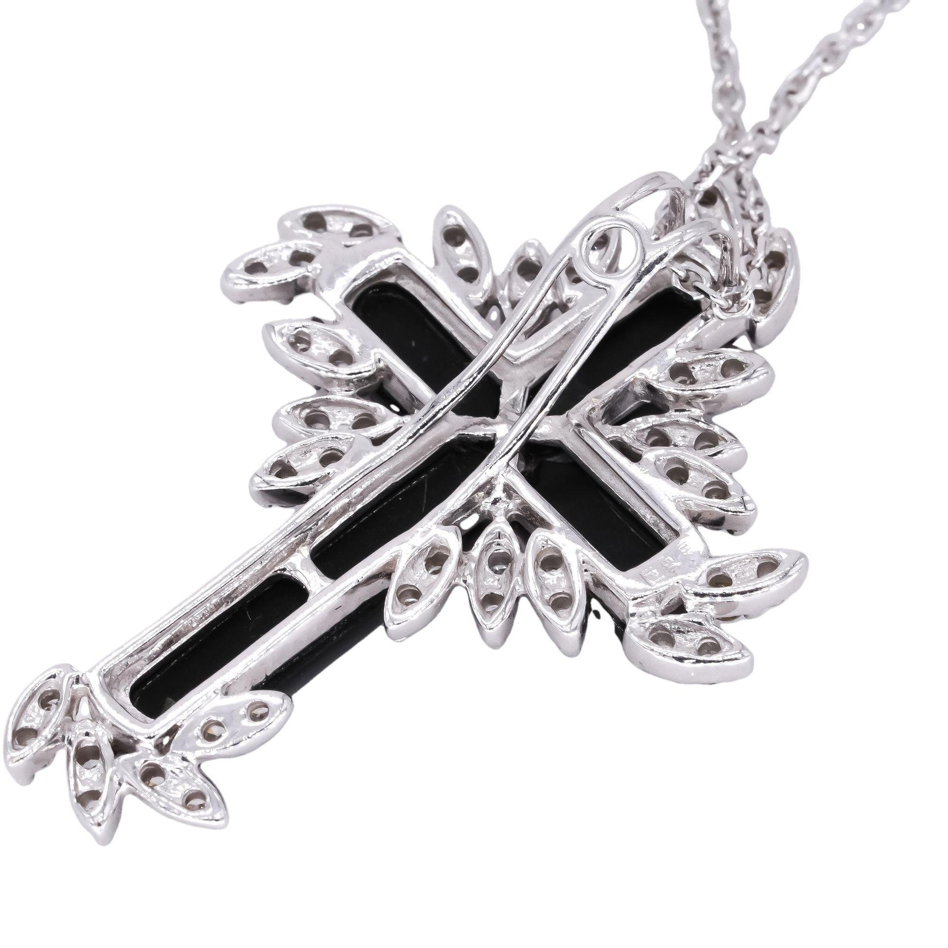 18k White Gold 0.68CT Diamond & Onyx Cross Crucifix Pendant Necklace