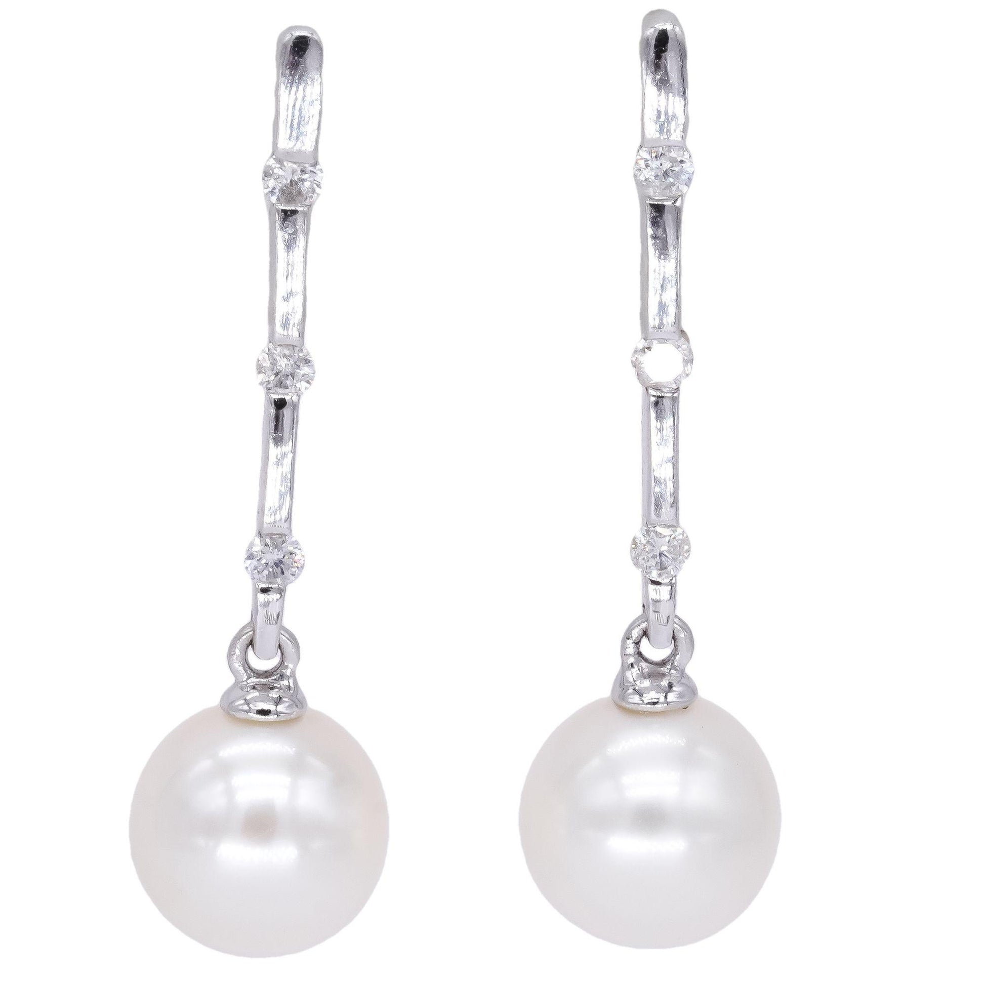 14k White Gold Jewelry 0.18CT Diamond and Pearl Drop Dangle Earrings